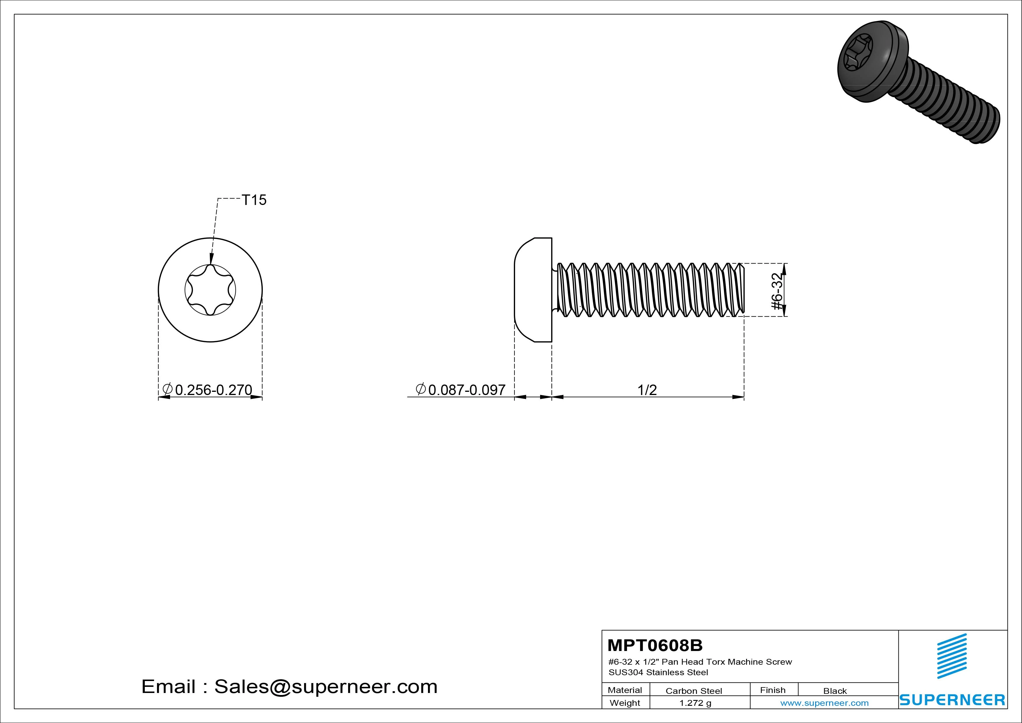 6-32 x 1/2" Pan Head Torx Machine Screw Steel Black