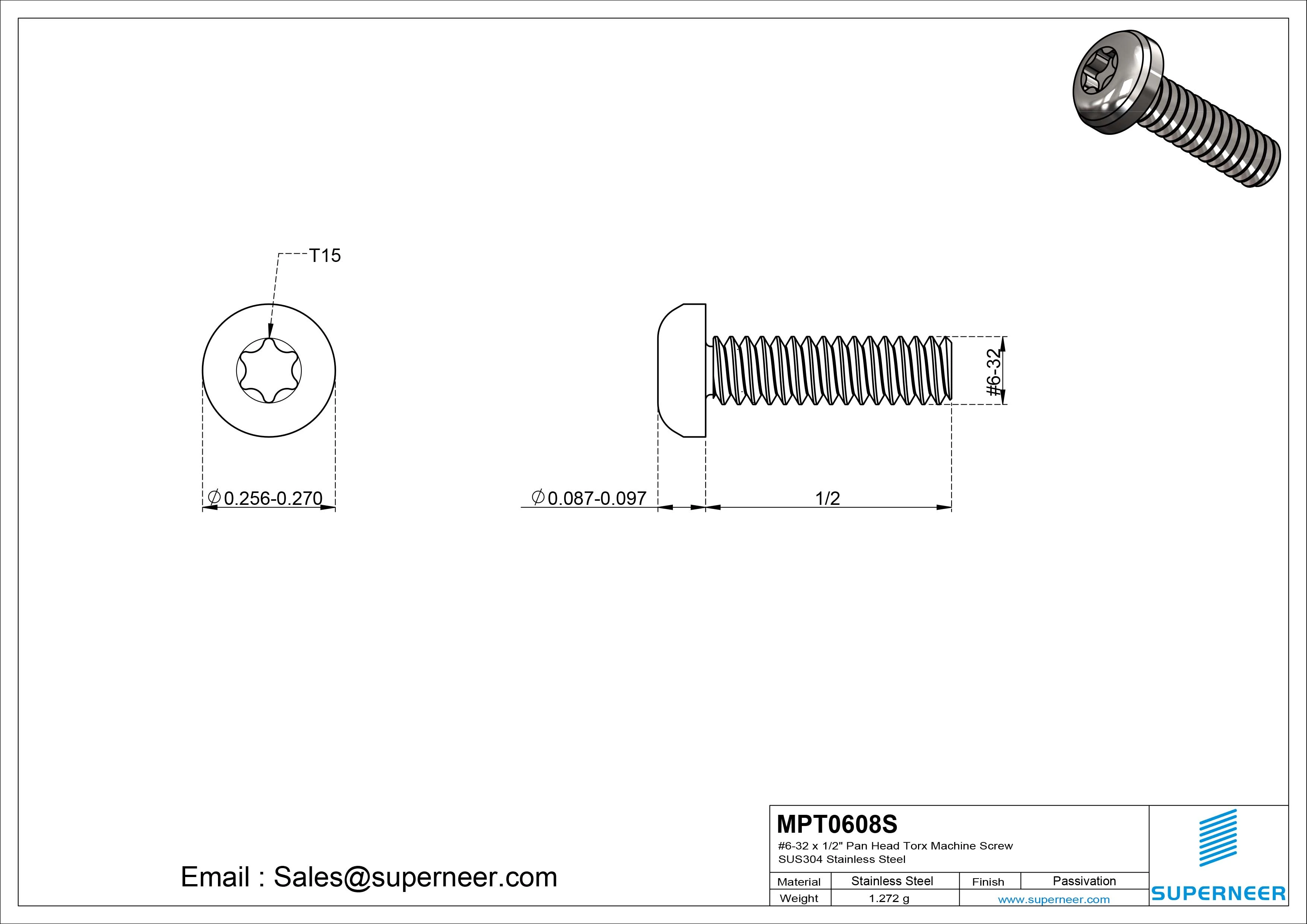 6-32 x 1/2" Pan Head Torx Machine Screw SUS304 Stainless Steel Inox