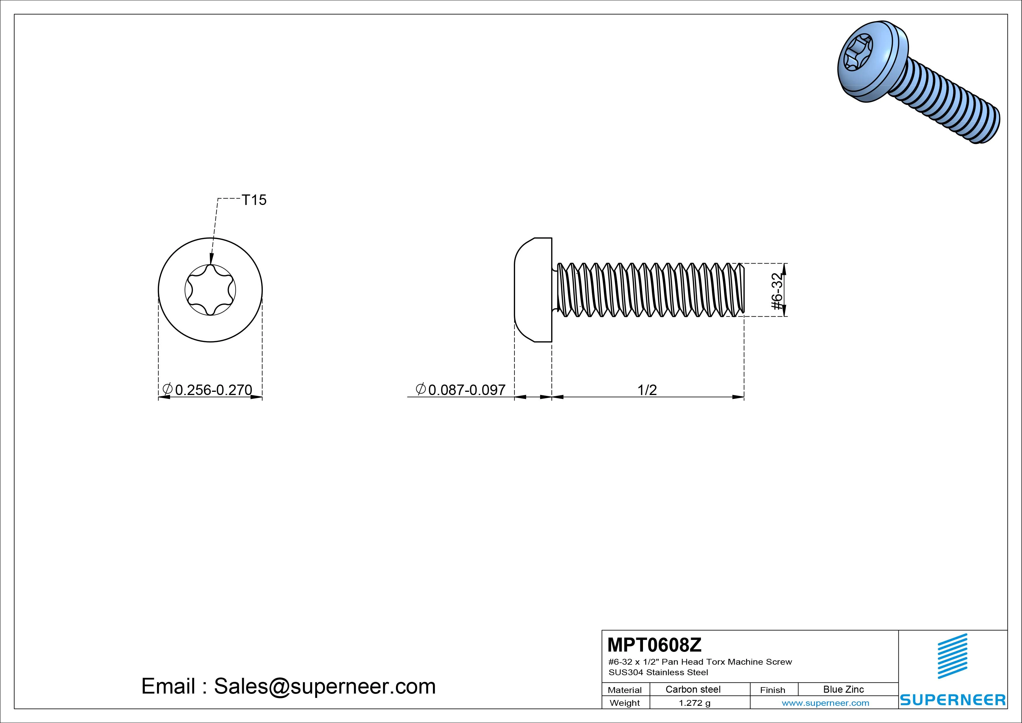 6-32 x 1/2" Pan Head Torx Machine Screw Steel Blue Zinc Plated