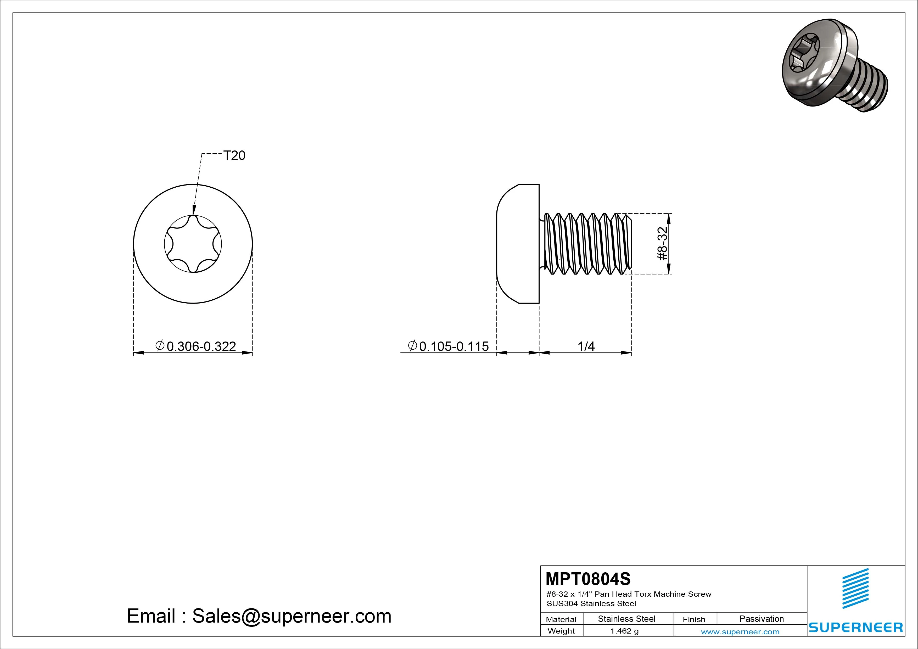 8-32 x 1/4" Pan Head Torx Machine Screw SUS304 Stainless Steel Inox
