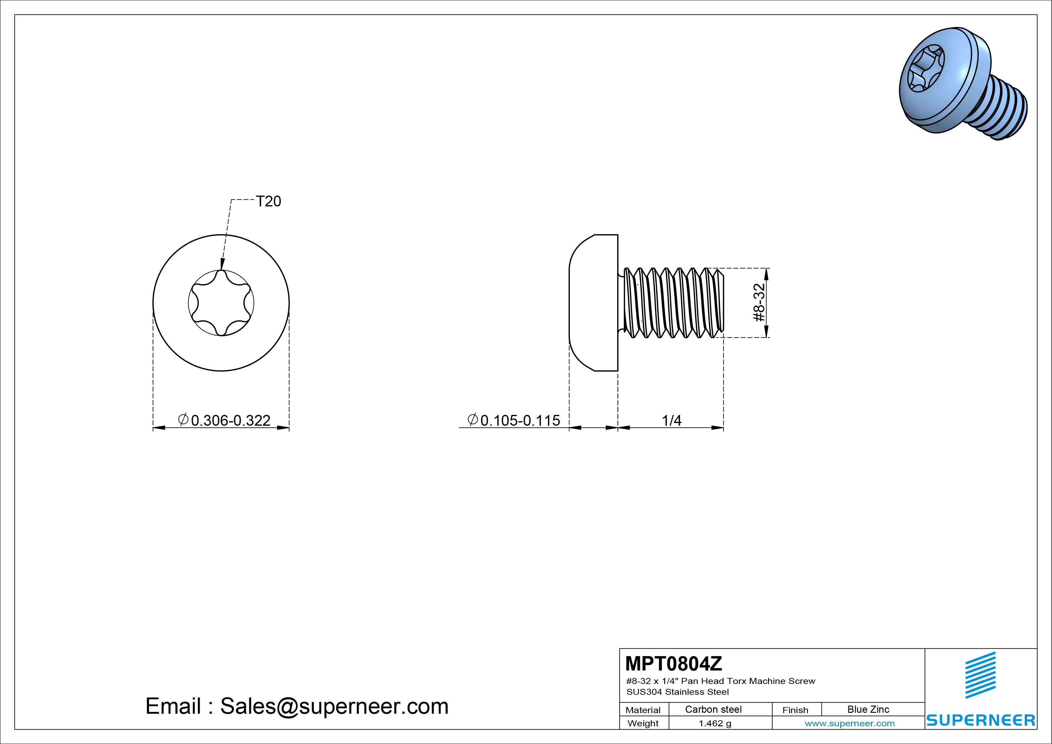 8-32 x 1/4" Pan Head Torx Machine Screw Steel Blue Zinc Plated