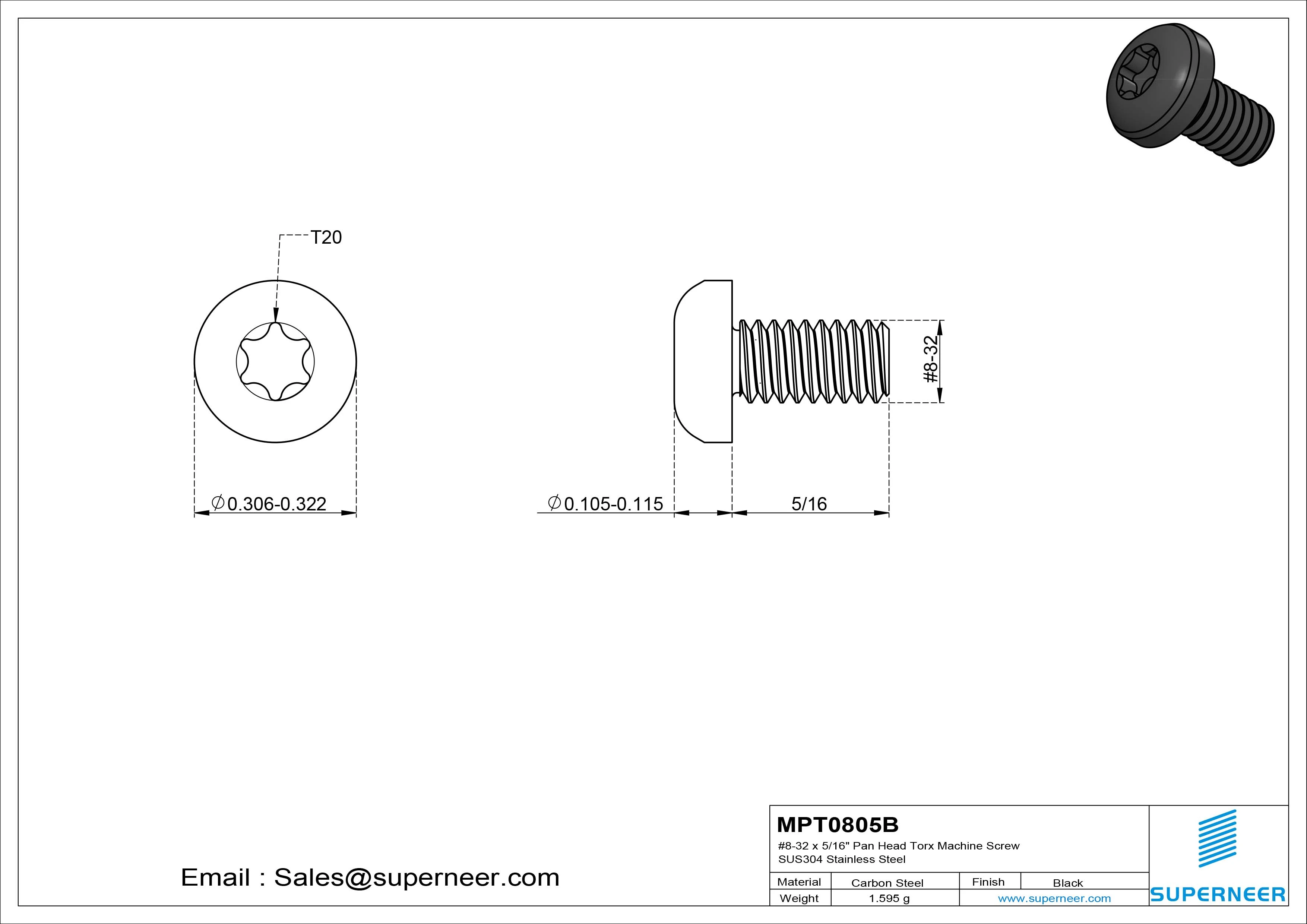 8-32 x 5/16" Pan Head Torx Machine Screw Steel Black