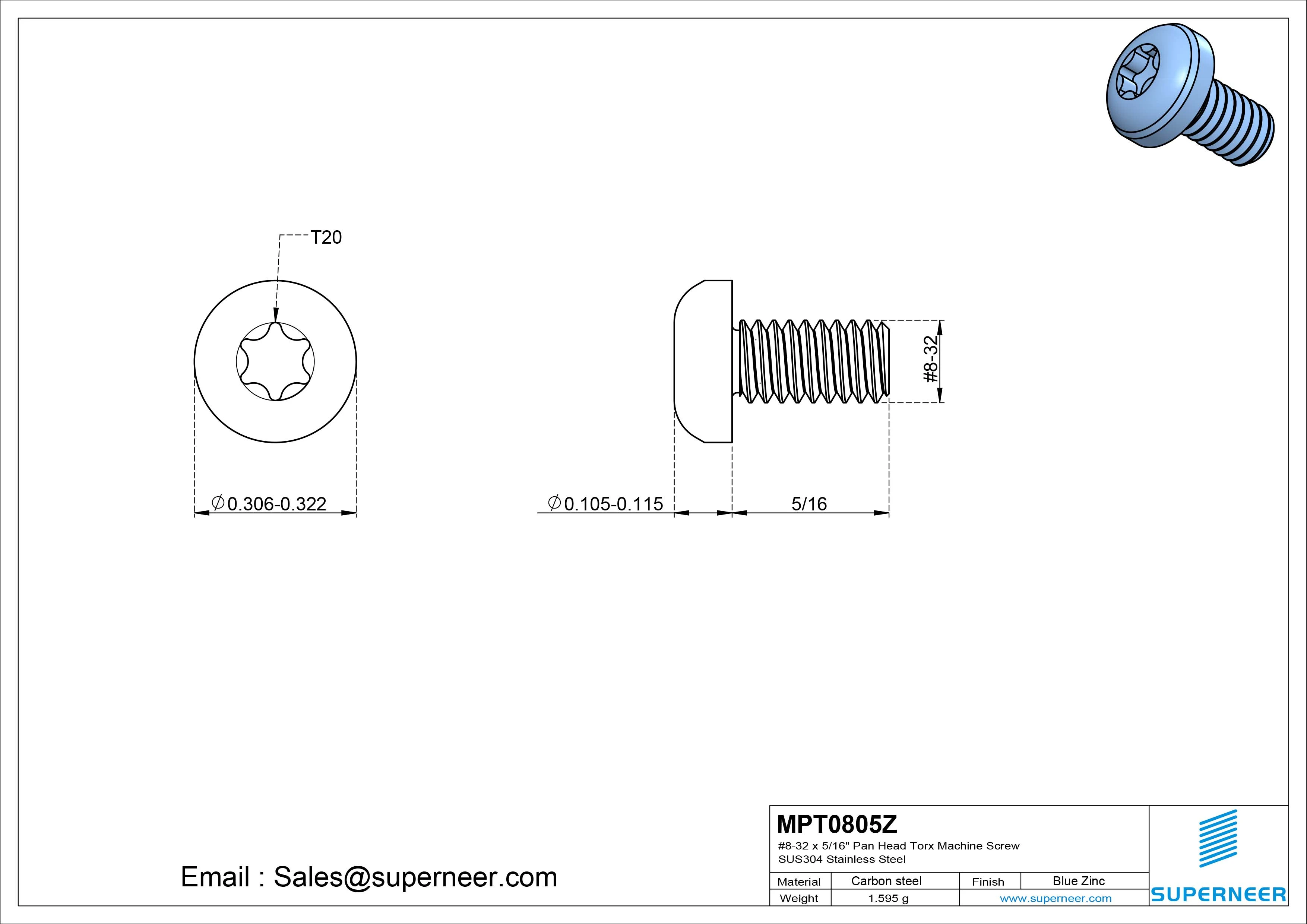 8-32 x 5/16" Pan Head Torx Machine Screw Steel Blue Zinc Plated