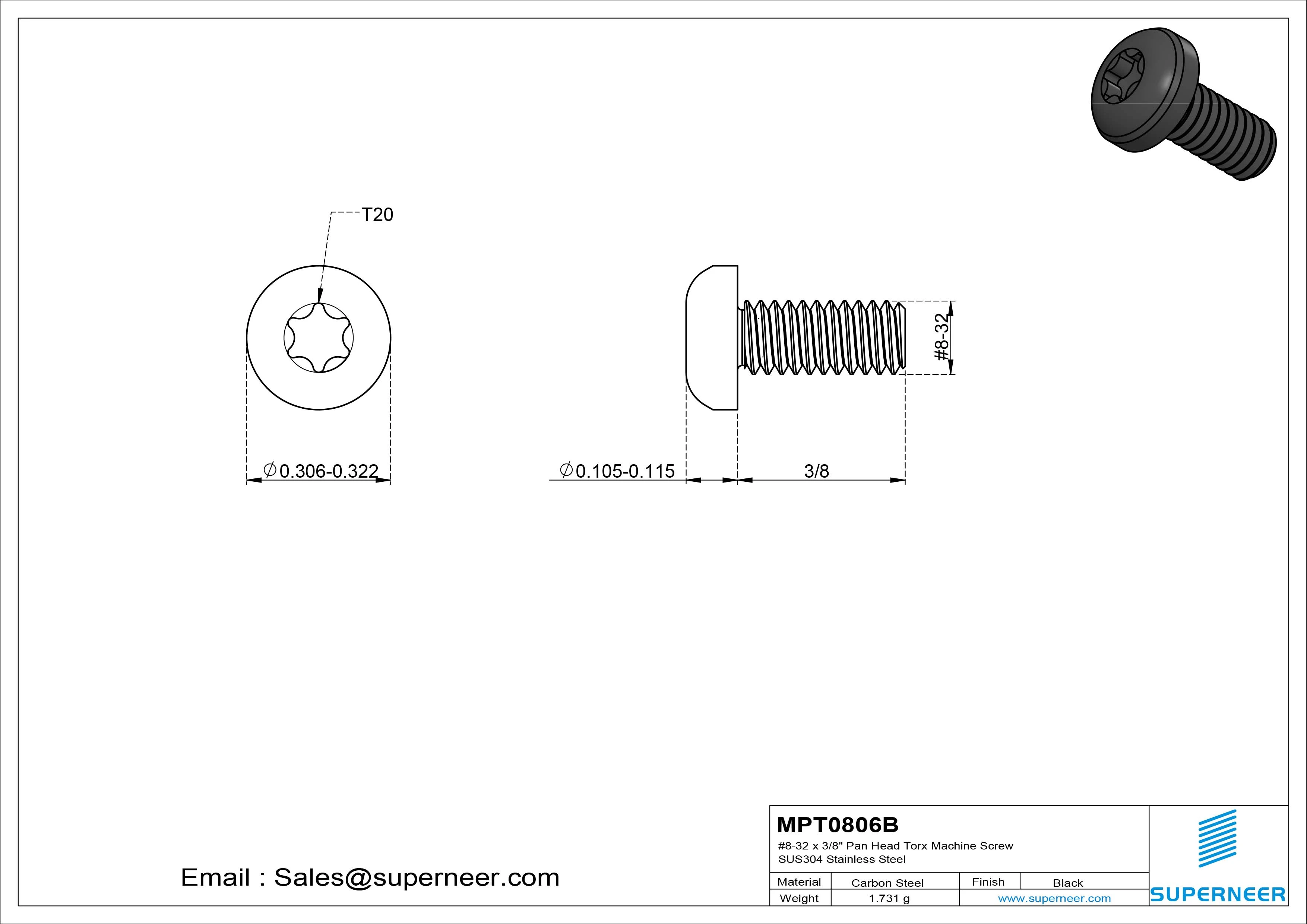 8-32 x 3/8" Pan Head Torx Machine Screw Steel Black