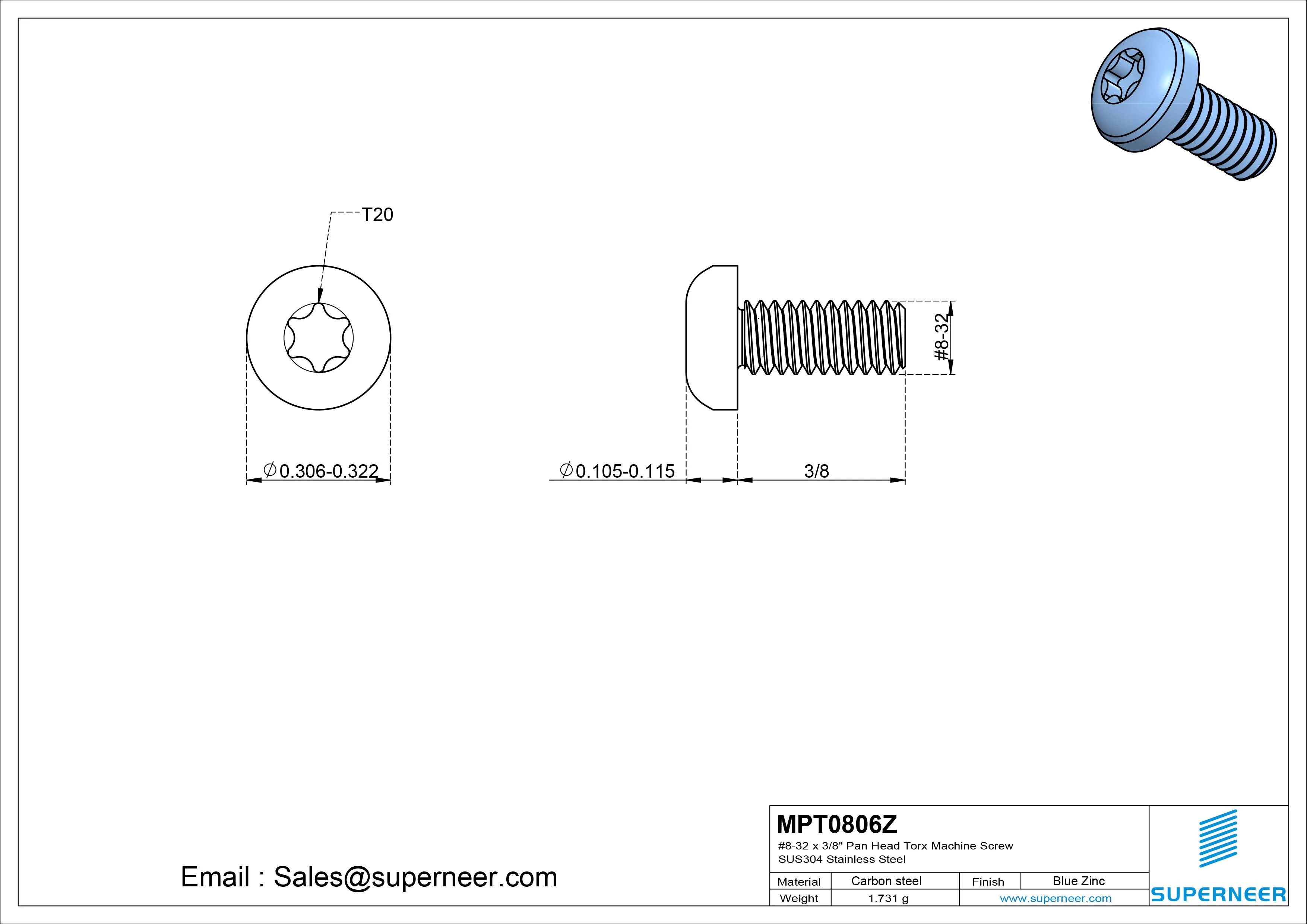 8-32 x 3/8" Pan Head Torx Machine Screw Steel Blue Zinc Plated
