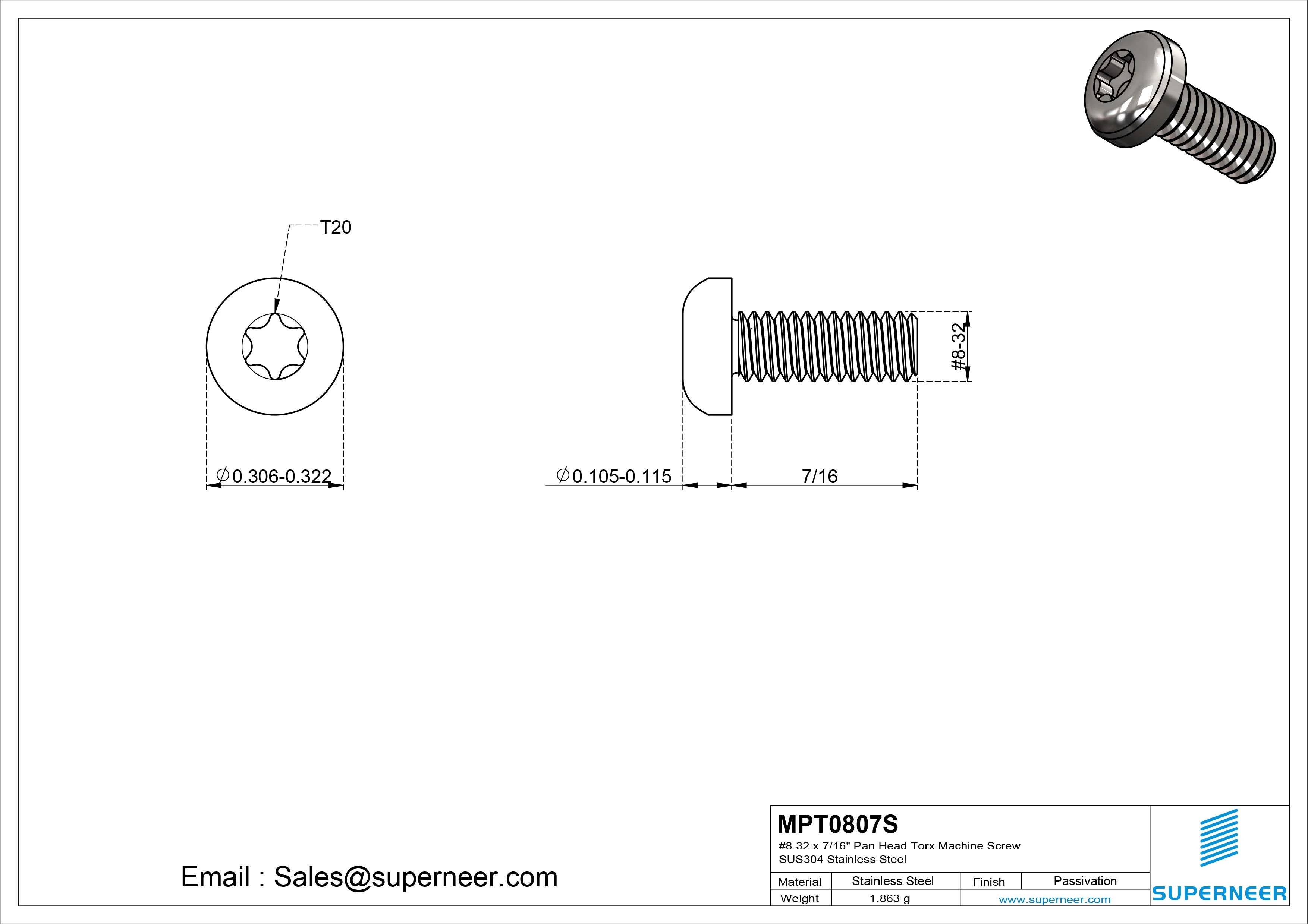 8-32 x 7/16" Pan Head Torx Machine Screw SUS304 Stainless Steel Inox