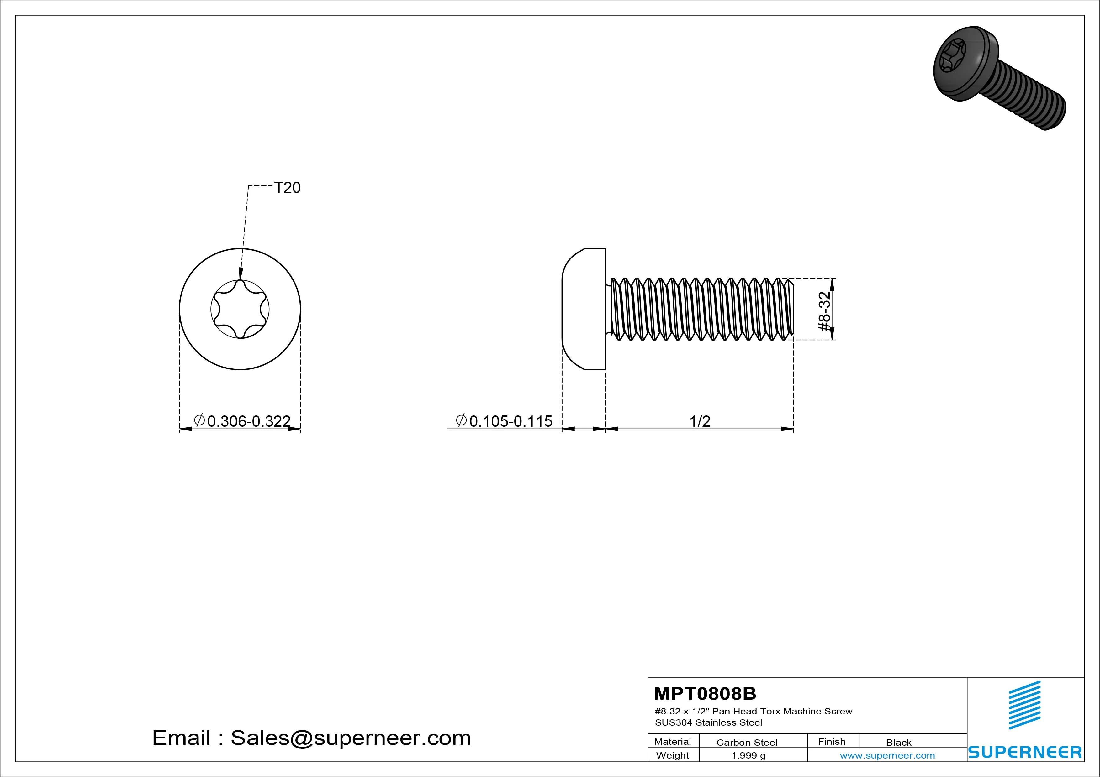 8-32 x 1/2" Pan Head Torx Machine Screw Steel Black
