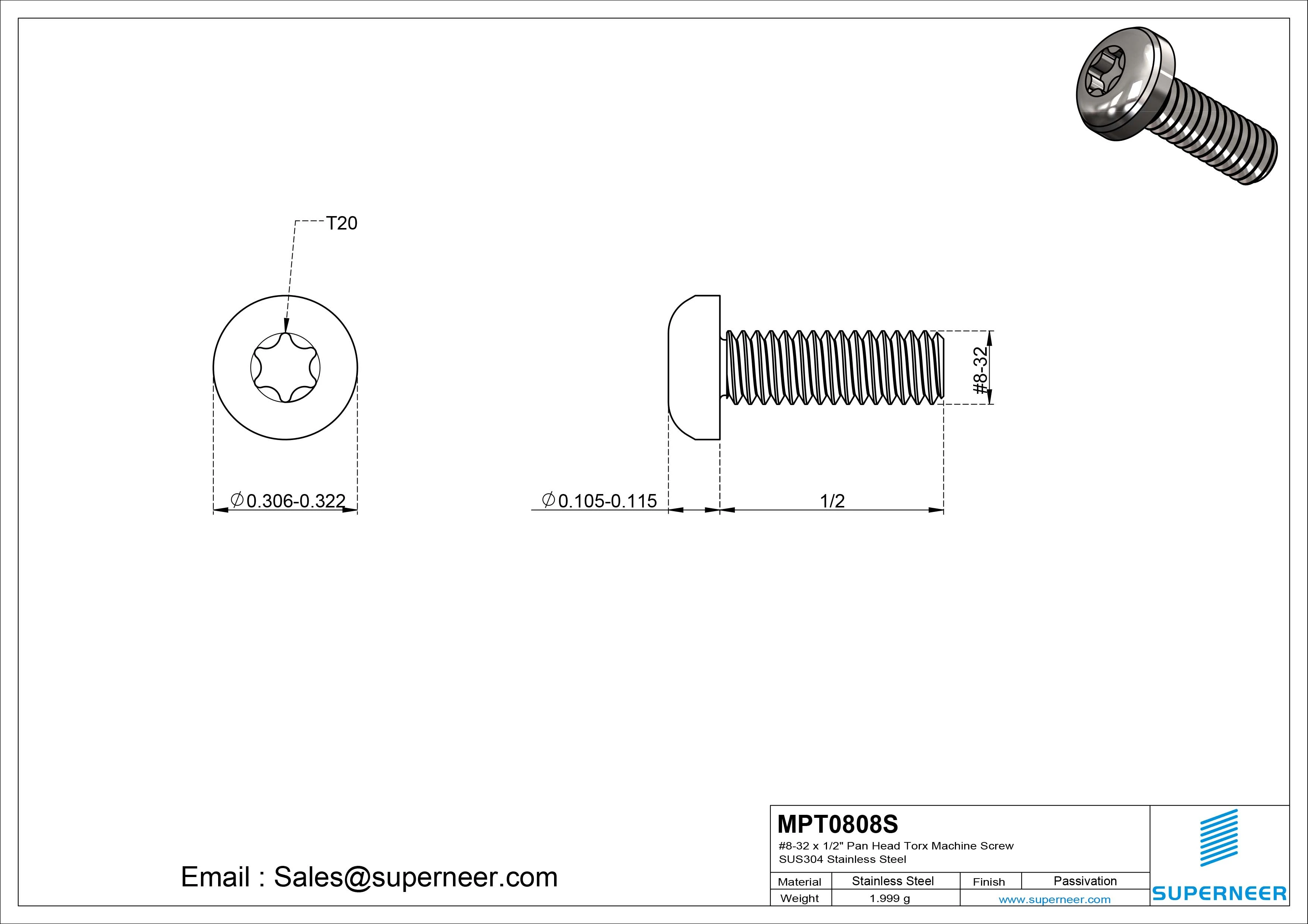 8-32 x 1/2" Pan Head Torx Machine Screw SUS304 Stainless Steel Inox