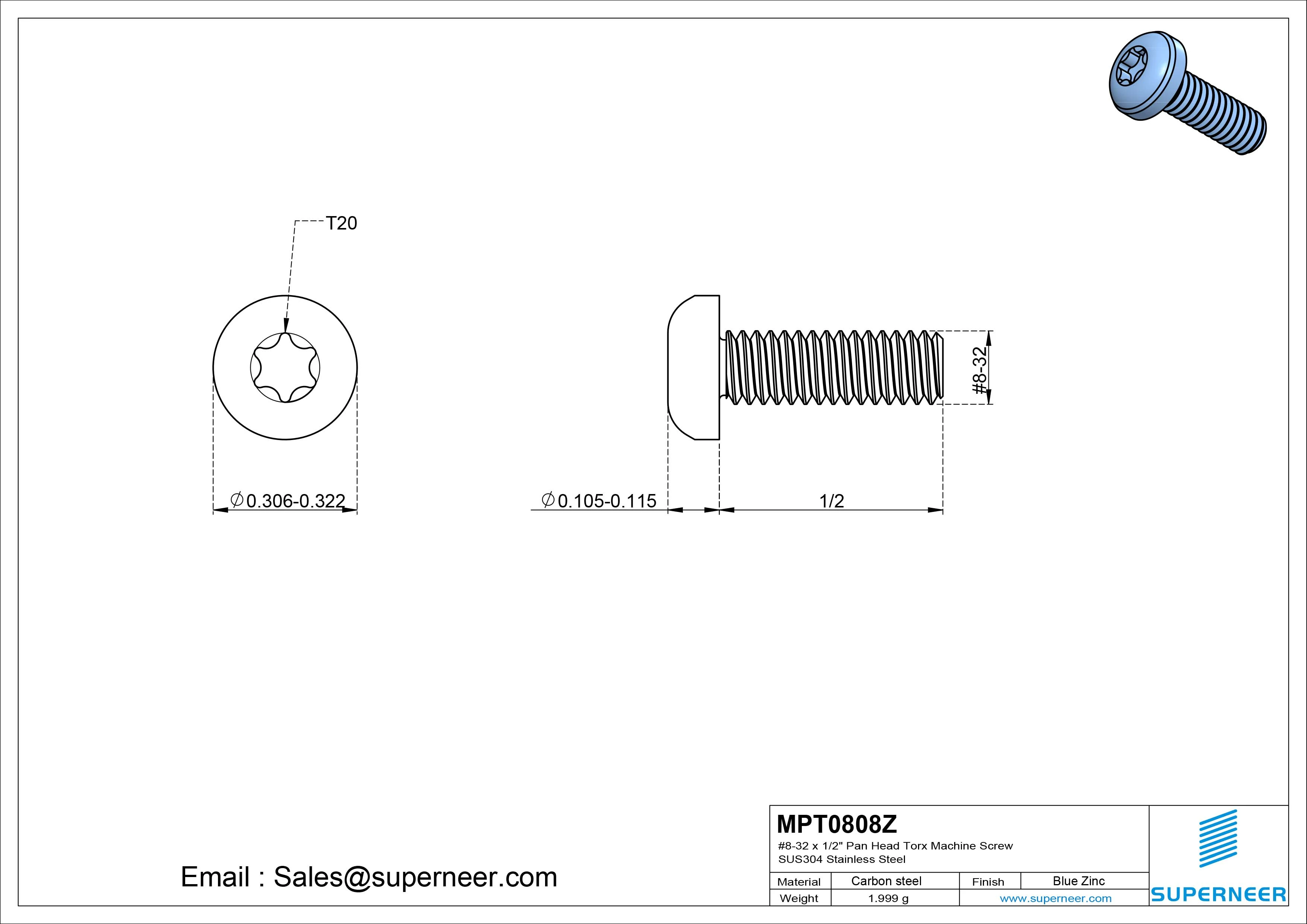 8-32 x 1/2" Pan Head Torx Machine Screw Steel Blue Zinc Plated