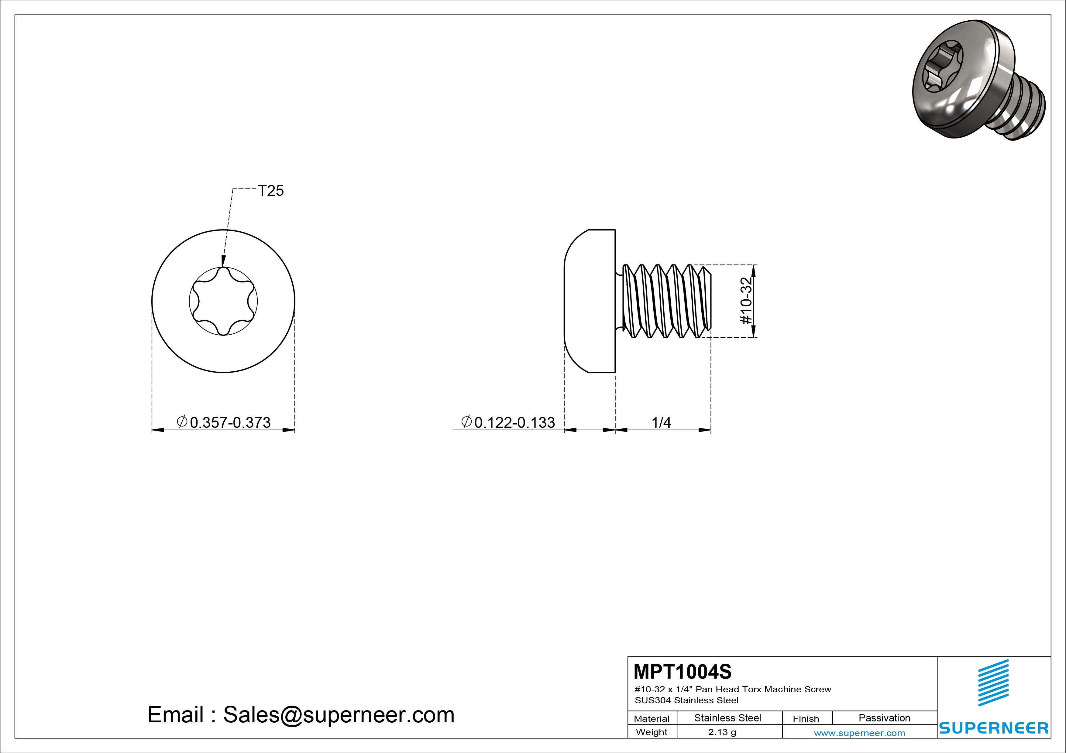 10-32 x 1/4" Pan Head Torx Machine Screw SUS304 Stainless Steel Inox