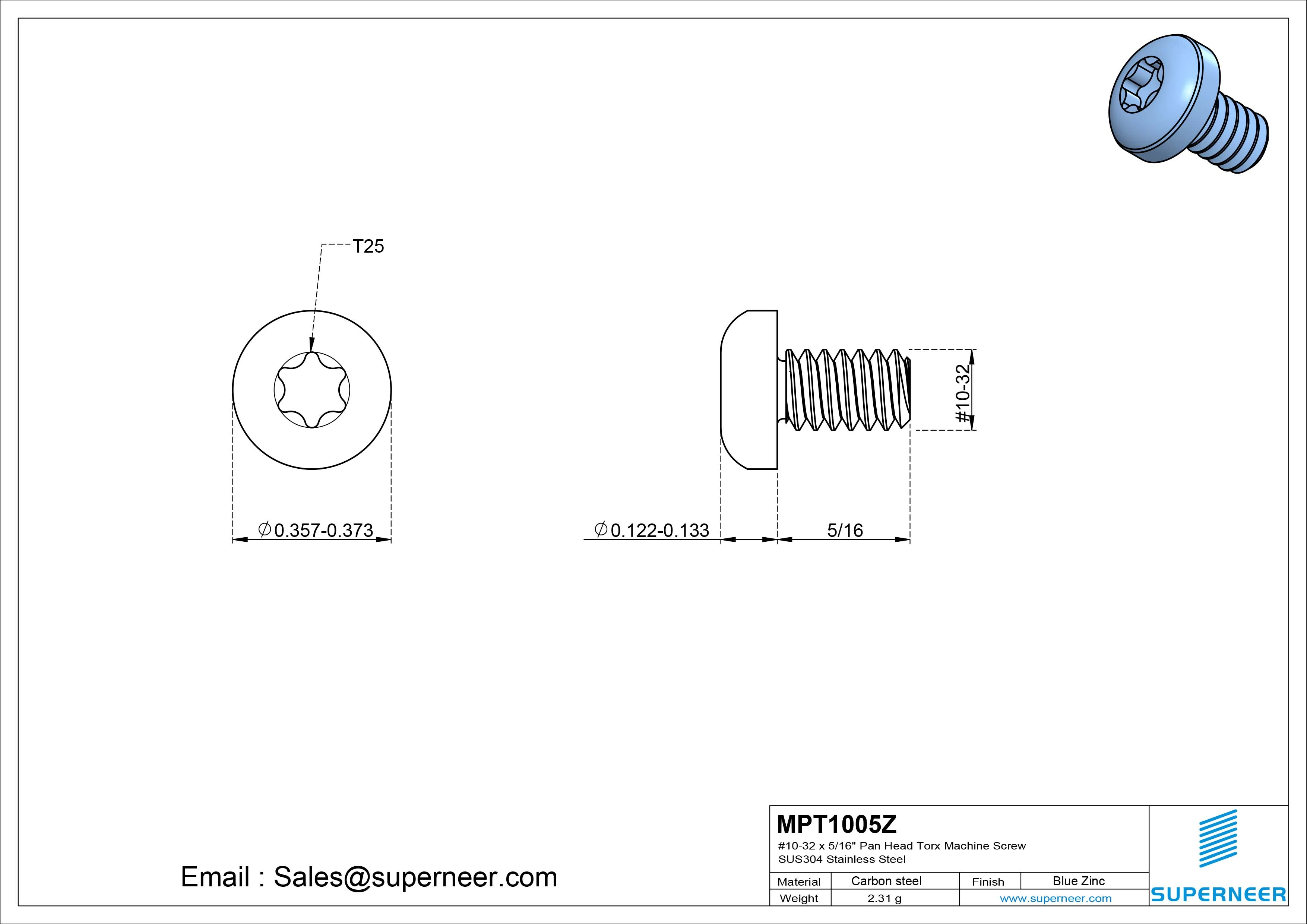 10-32 x 5/16" Pan Head Torx Machine Screw Steel Blue Zinc Plated