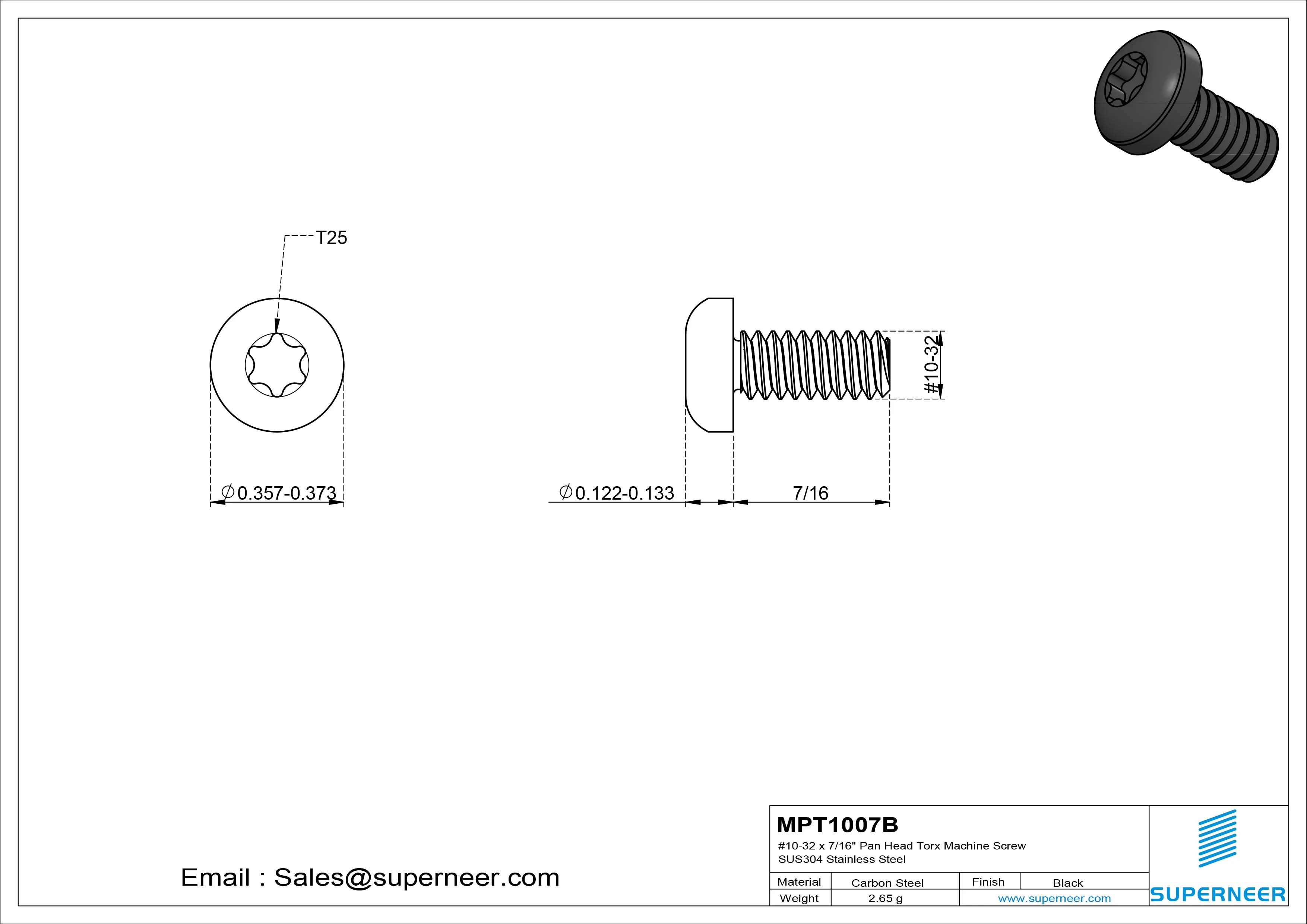10-32 x 7/16" Pan Head Torx Machine Screw Steel Black