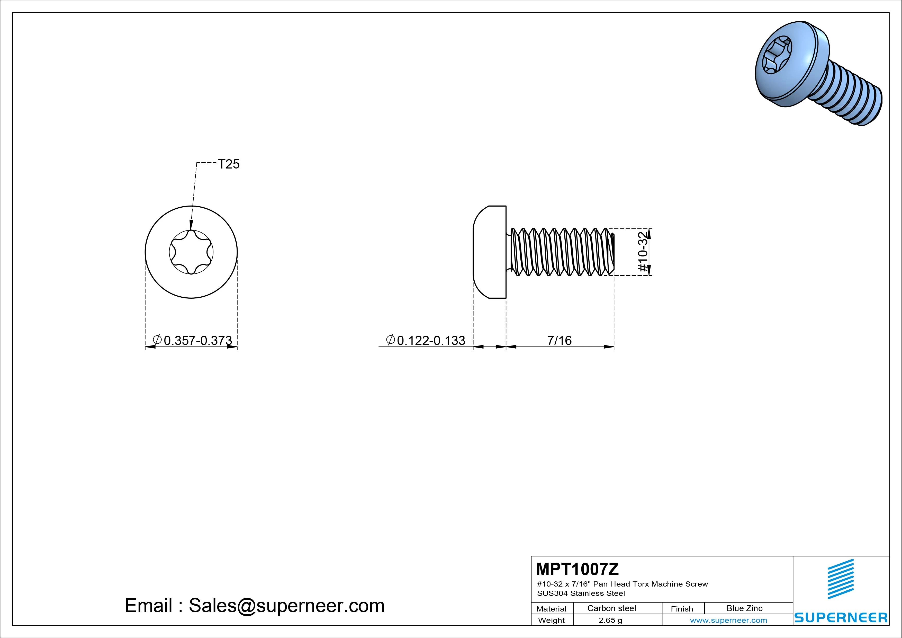 10-32 x 7/16" Pan Head Torx Machine Screw Steel Blue Zinc Plated