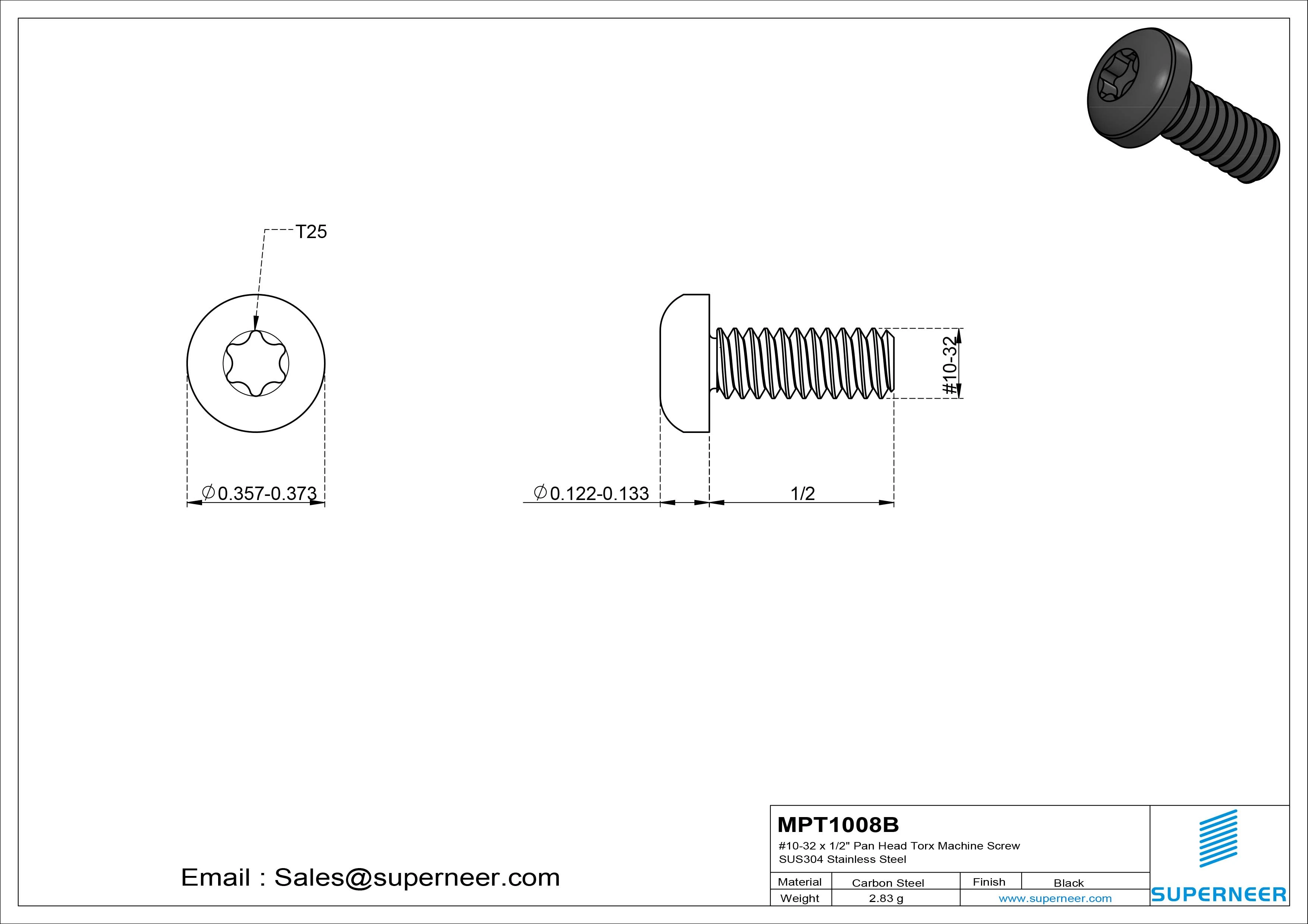 10-32 x 1/2" Pan Head Torx Machine Screw Steel Black