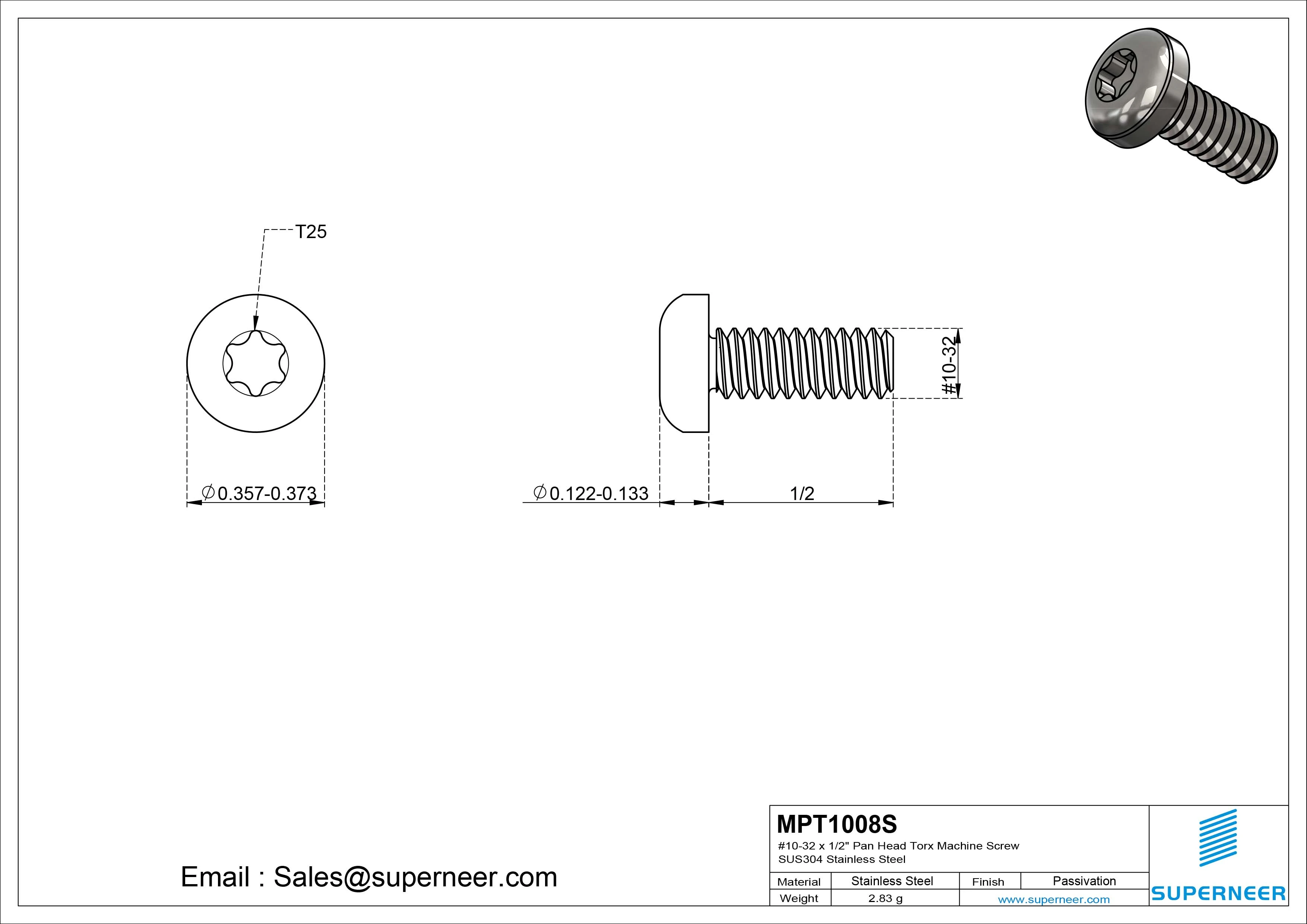 10-32 x 1/2" Pan Head Torx Machine Screw SUS304 Stainless Steel Inox