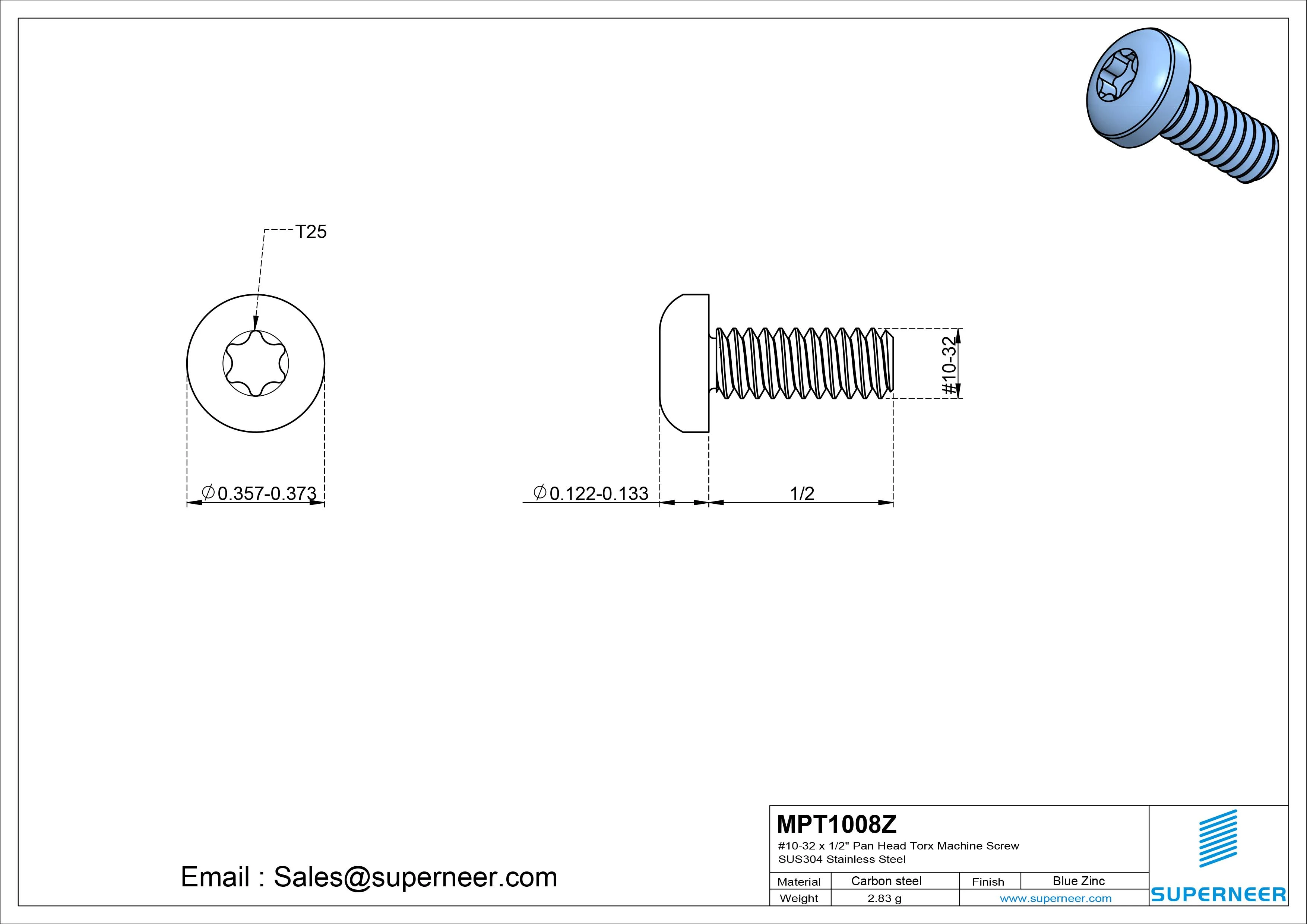 10-32 x 1/2" Pan Head Torx Machine Screw Steel Blue Zinc Plated