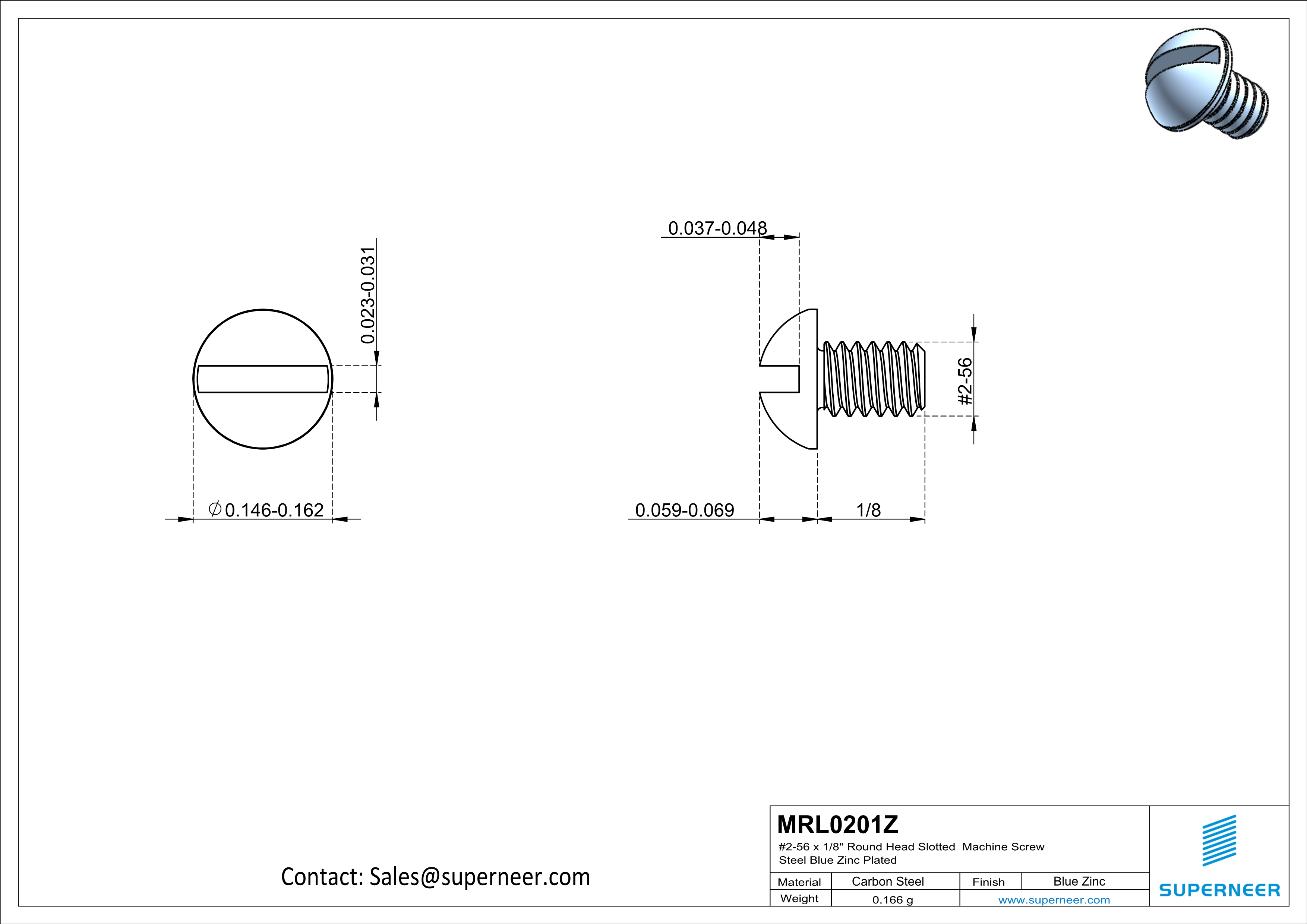 2-56 x 1/8" Round Head Slotted Machine Screw Steel Blue Zinc Plated