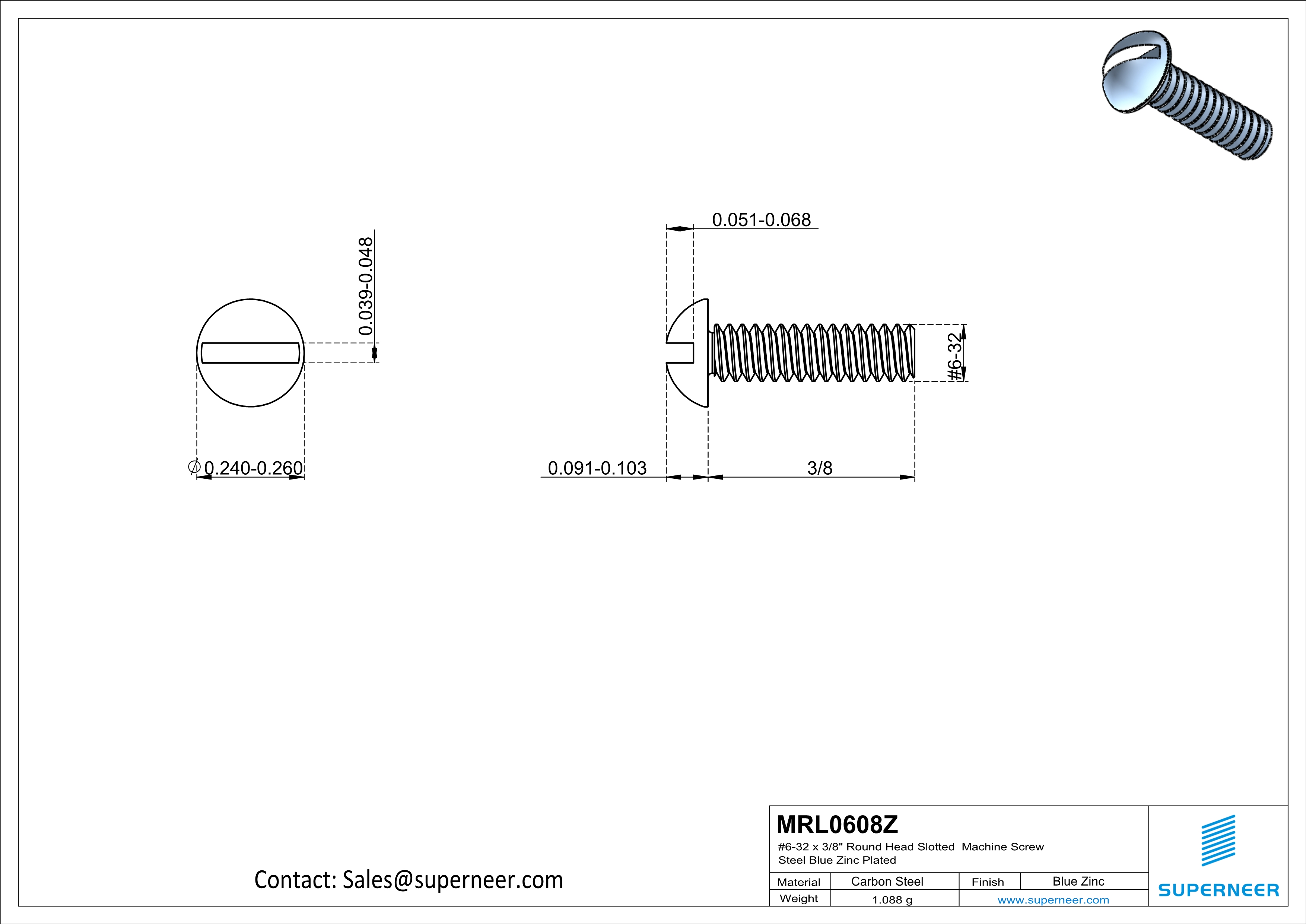 6-32 x 1/2" Round Head Slotted Machine Screw Steel Blue Zinc Plated