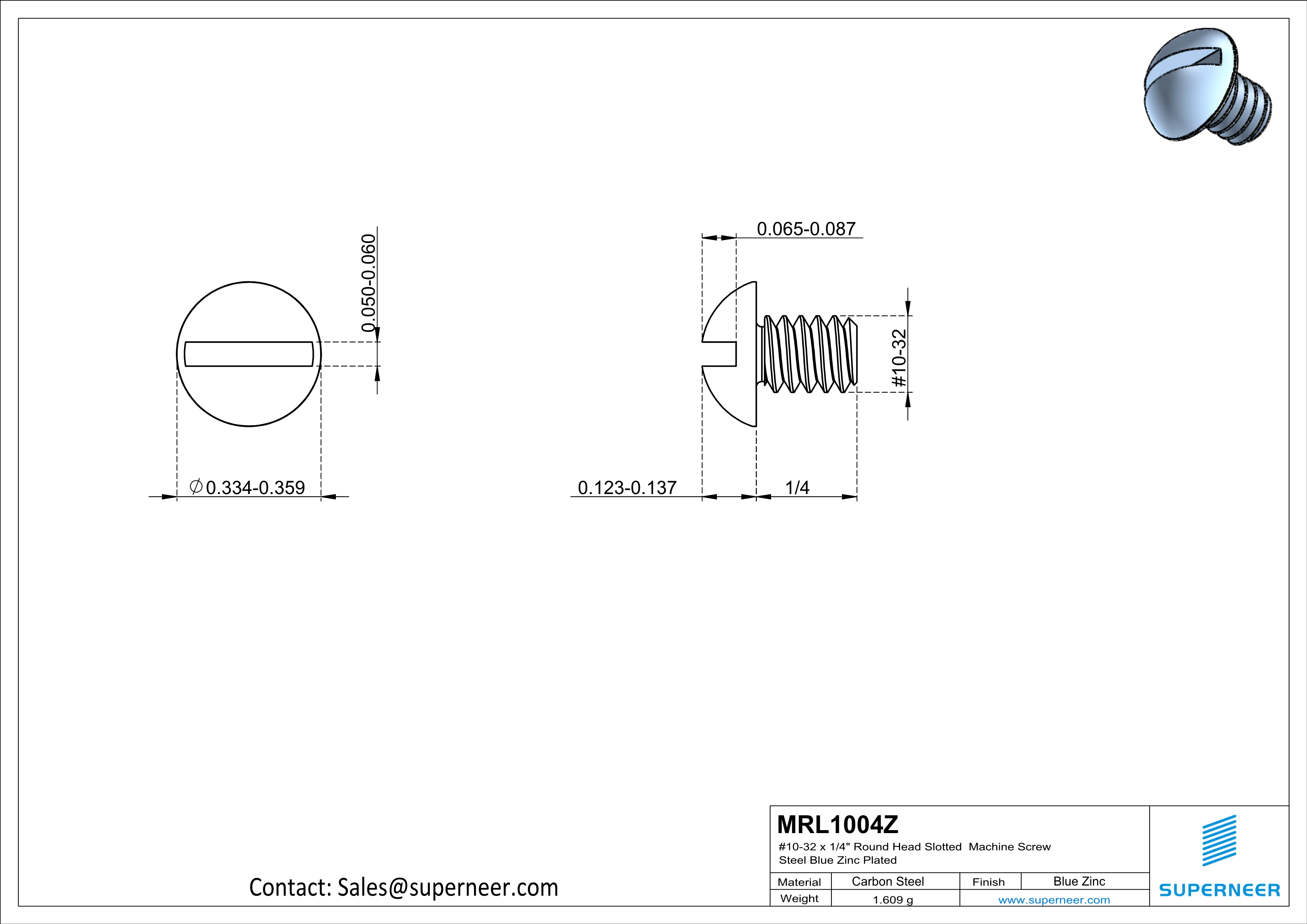 10-32 x 1/4" Round Head Slotted Machine Screw Steel Blue Zinc Plated