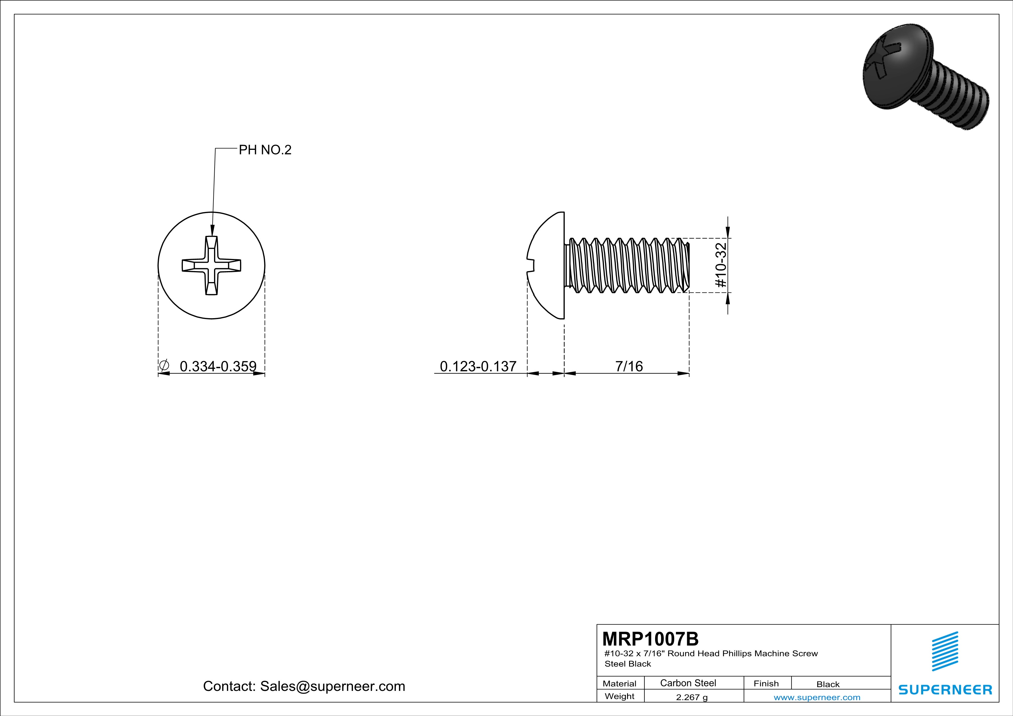 10-32 x 7/16" Round Head Phillips Machine Screw Steel Black
