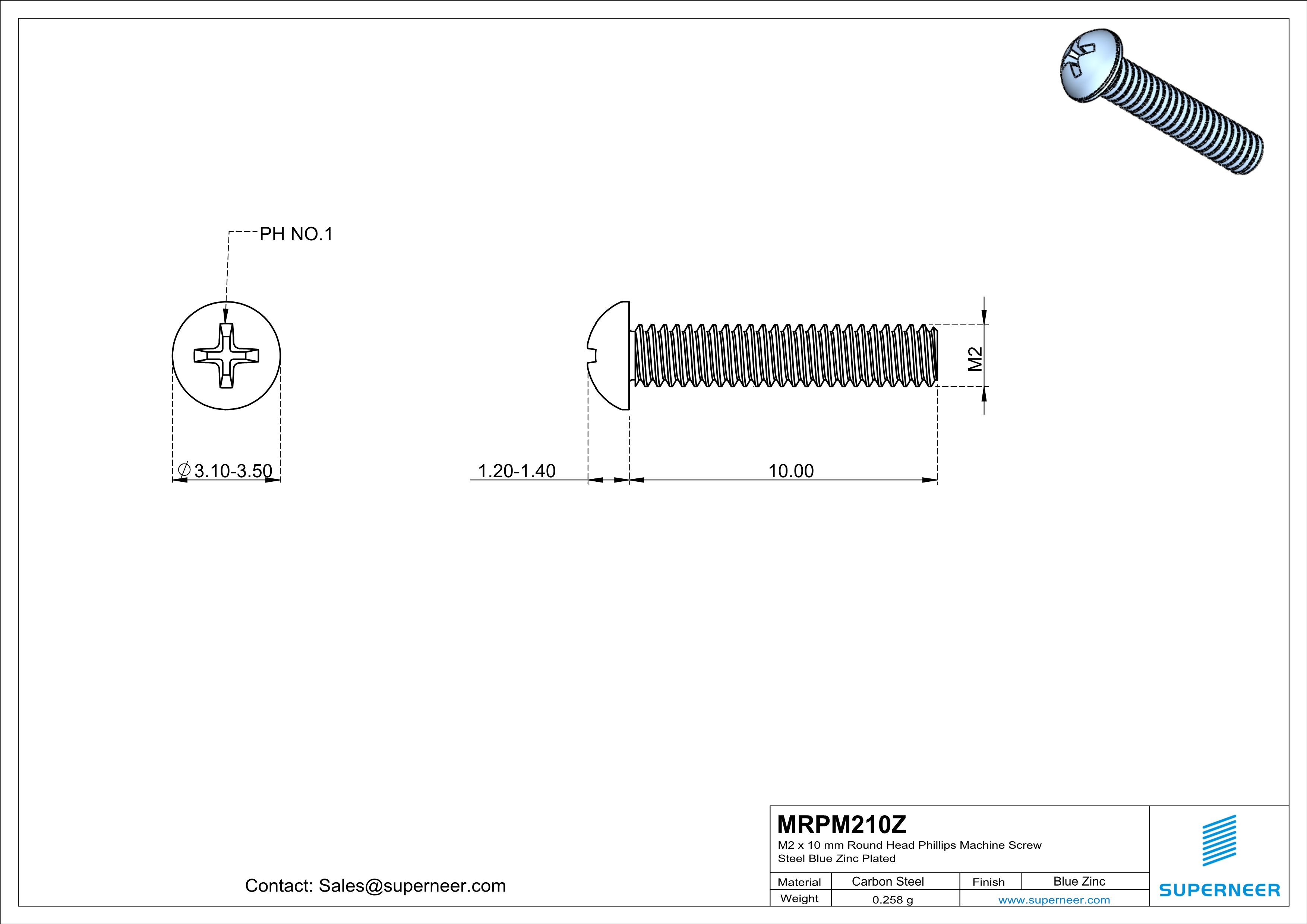 M2 x 10 mm Round Head Phillips Machine Screw Steel Blue Zinc Plated