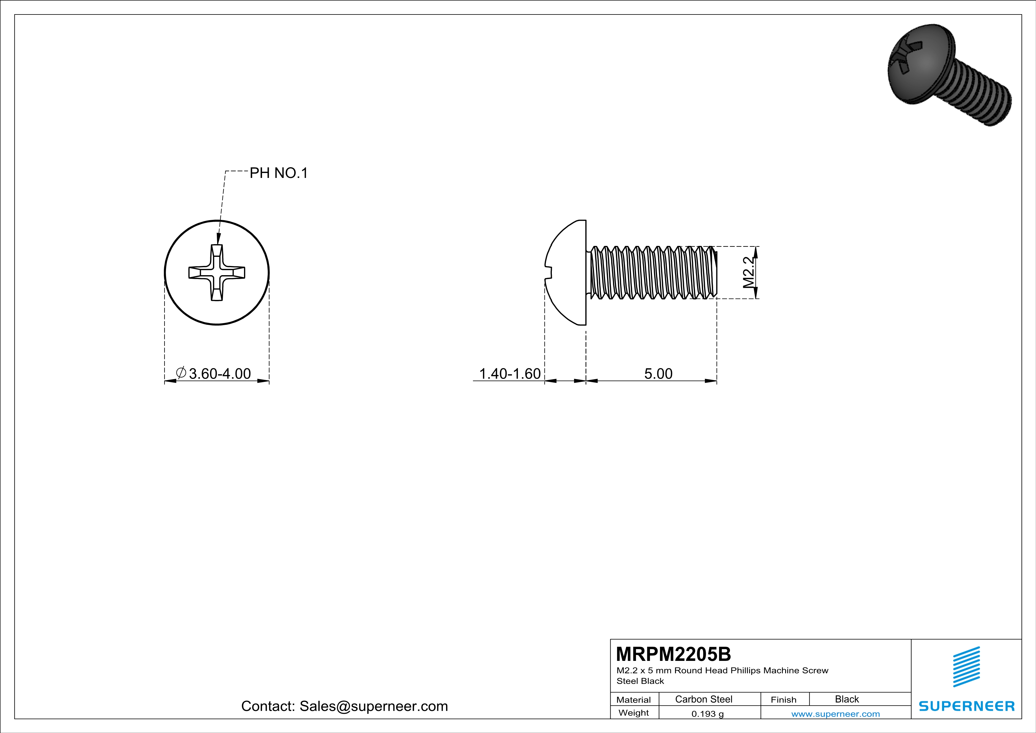 M2.2 x 5 mm Round Head Phillips Machine Screw Steel Black