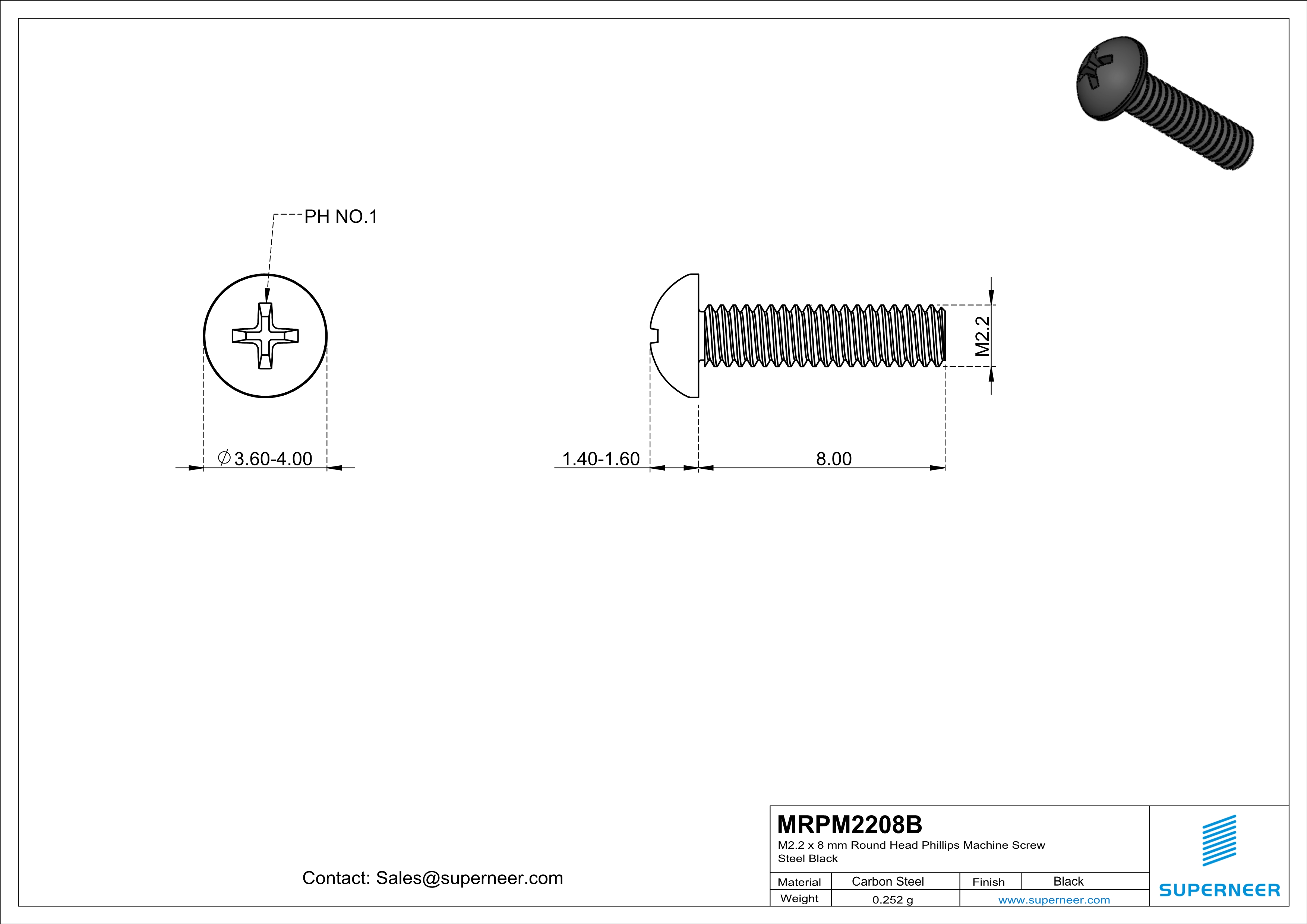 M2.2 x 8 mm Round Head Phillips Machine Screw Steel Black