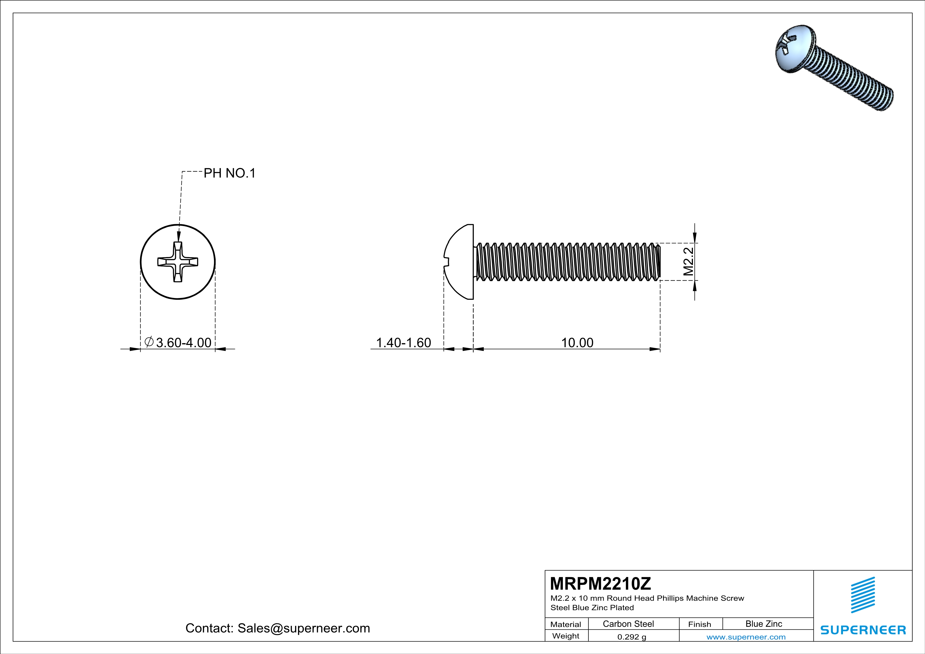 M2.2 x 10 mm Round Head Phillips Machine Screw Steel Blue Zinc Plated