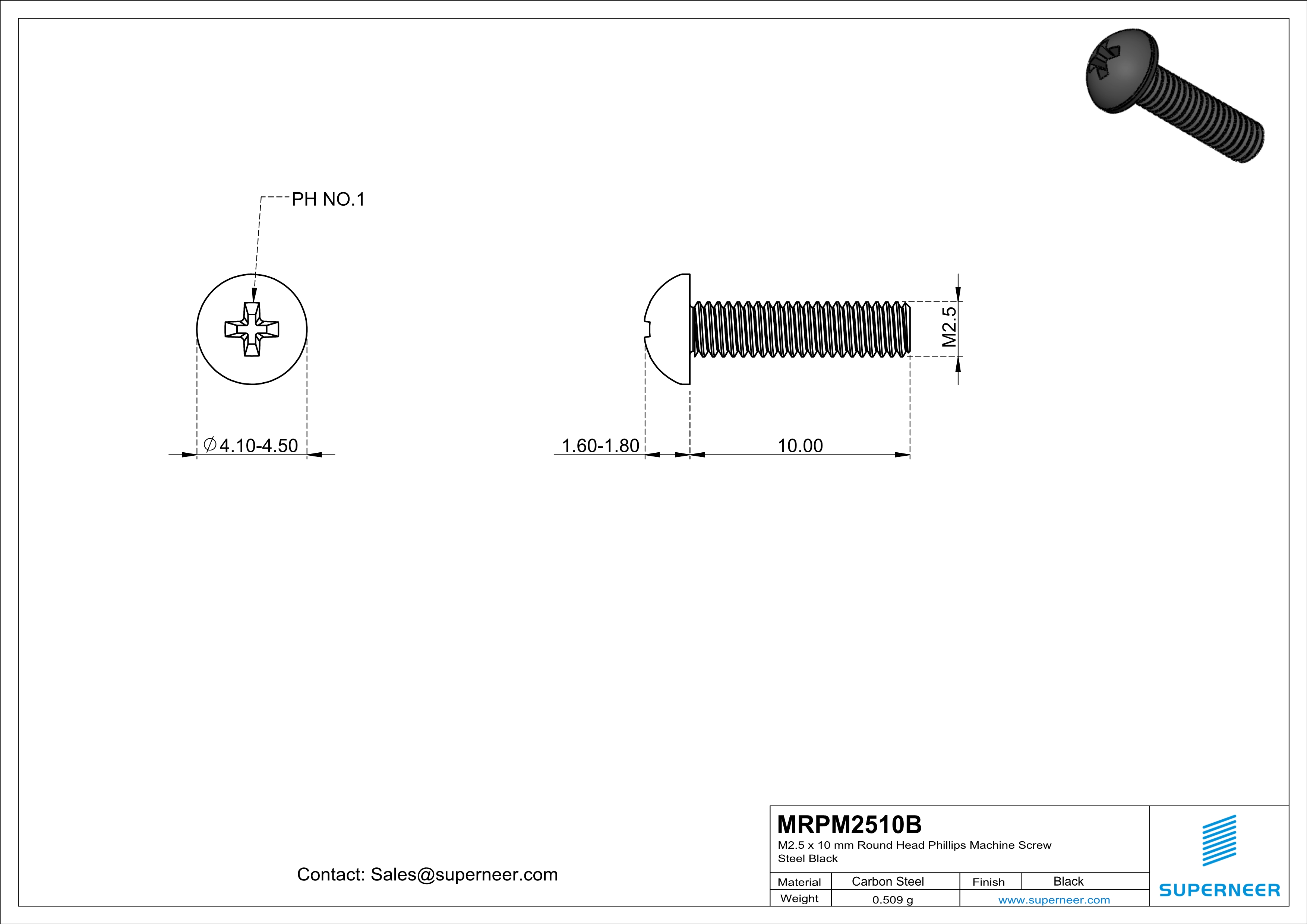 M2.5 x 10 mm Round Head Phillips Machine Screw Steel Black