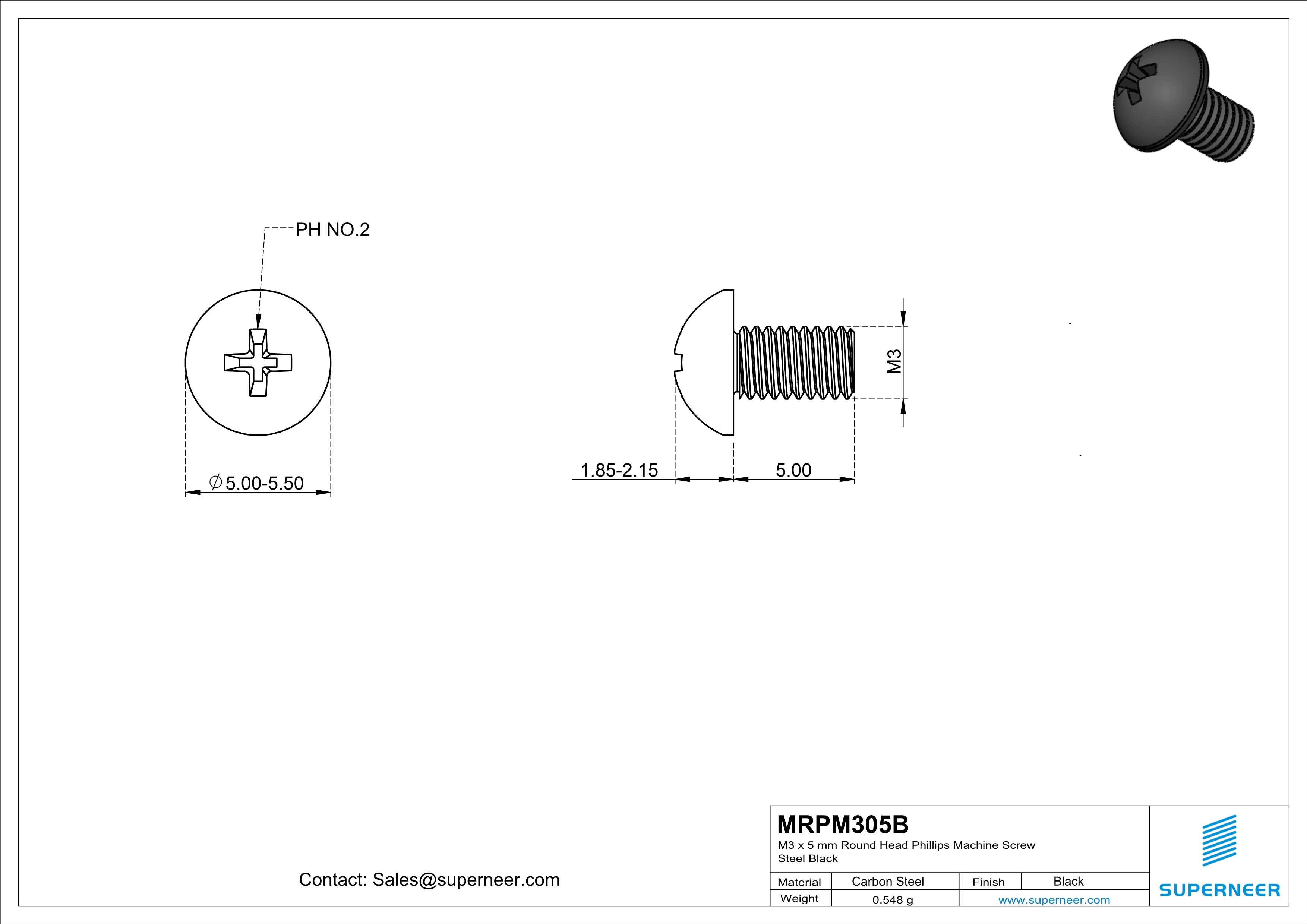 M3 x 5 mm Round Head Phillips Machine Screw Steel Black