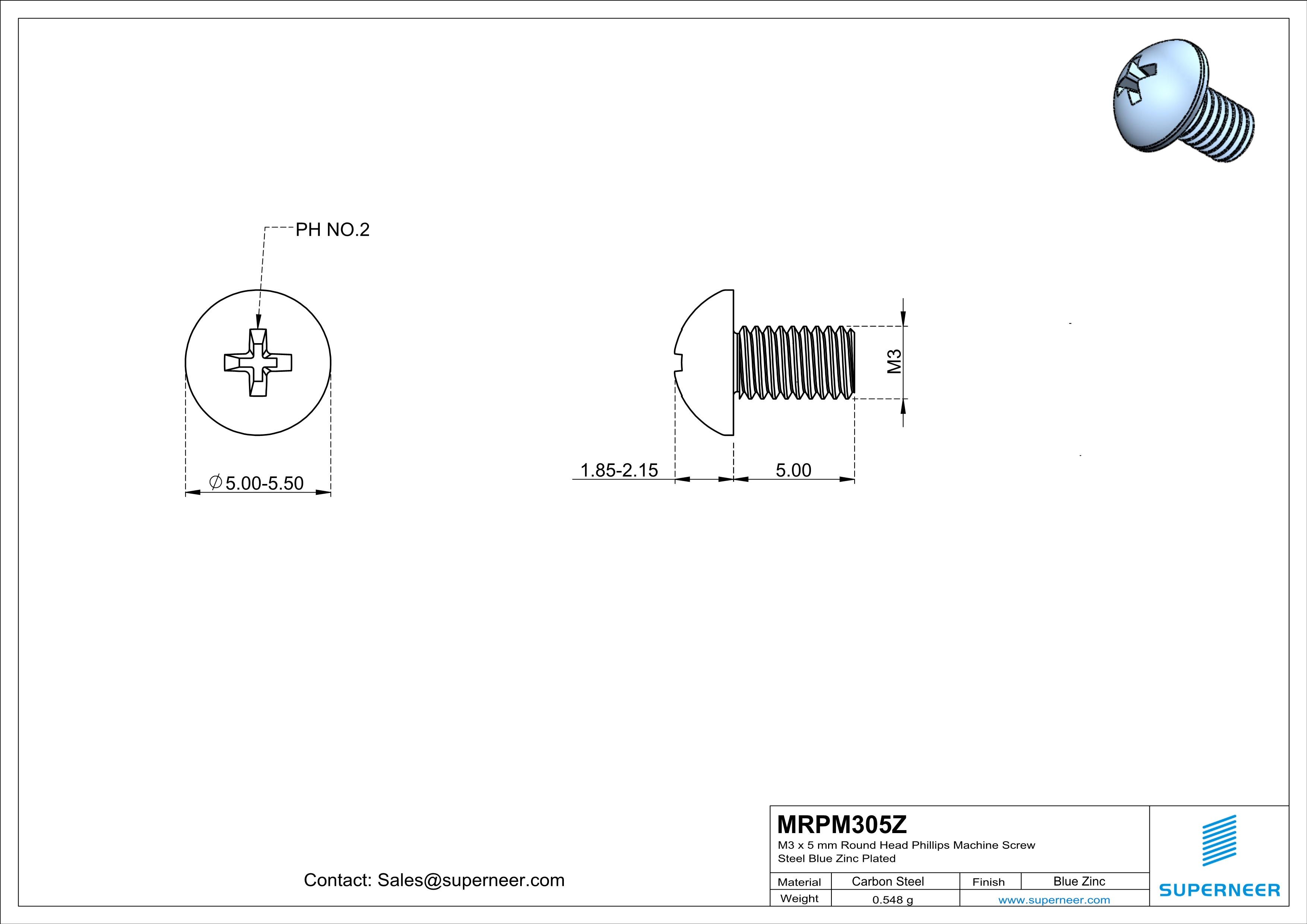 M3 x 5 mm Round Head Phillips Machine Screw Steel Blue Zinc Plated