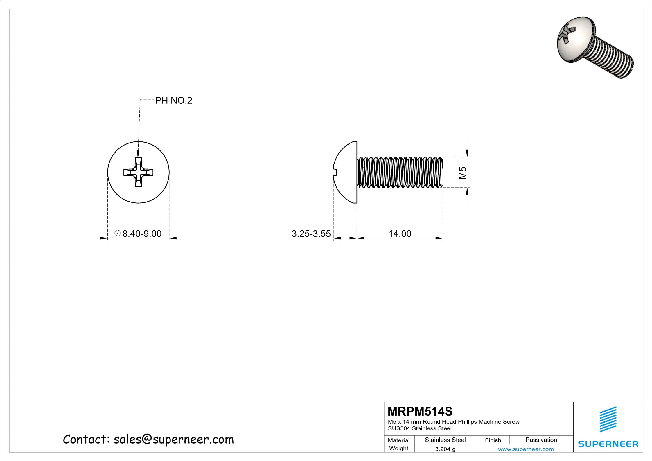 M5 x 14 mm Round Head Phillips Machine Screw SUS304 Stainless Steel Inox