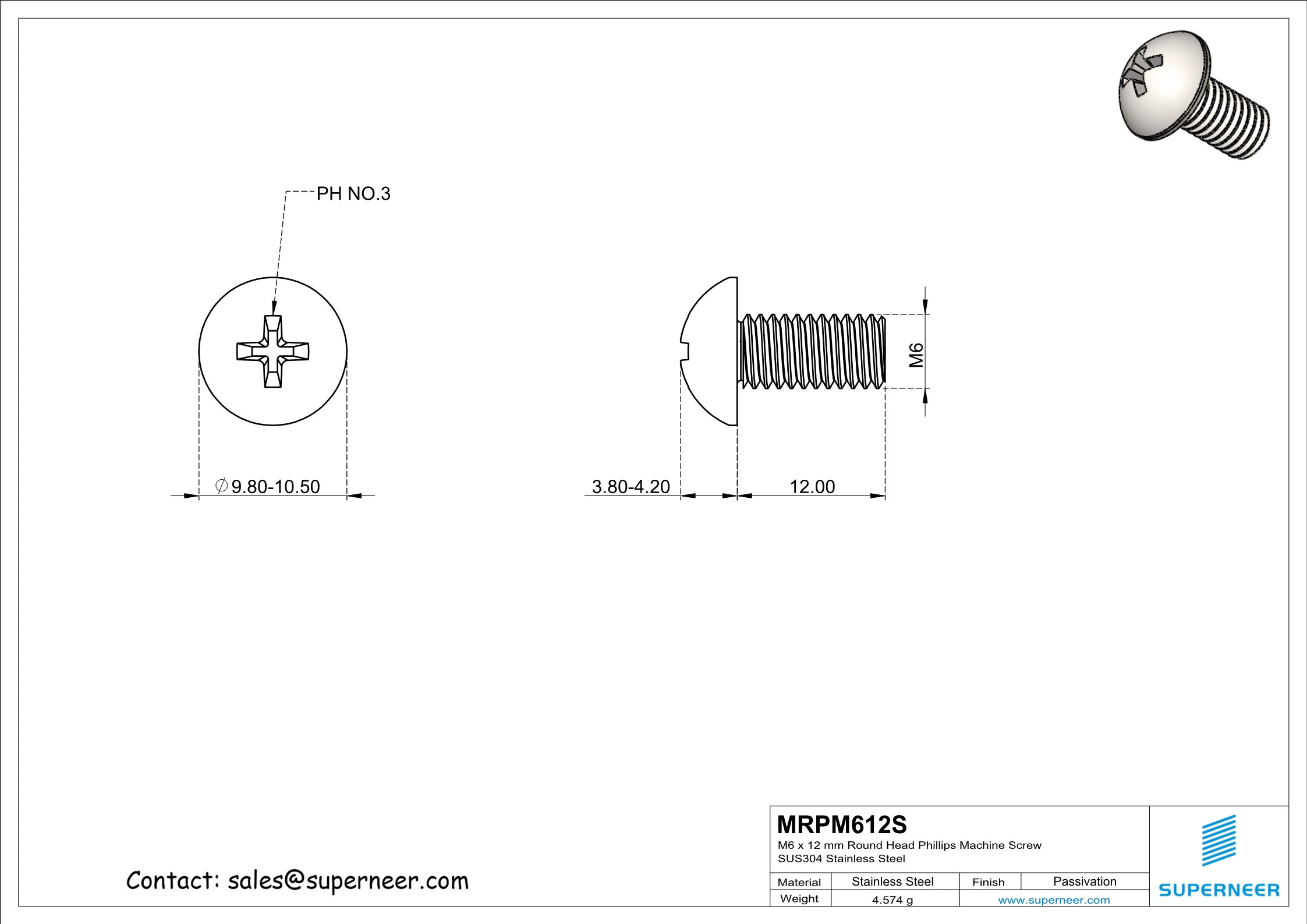 M6 x 12 mm Round Head Phillips Machine Screw SUS304 Stainless Steel Inox
