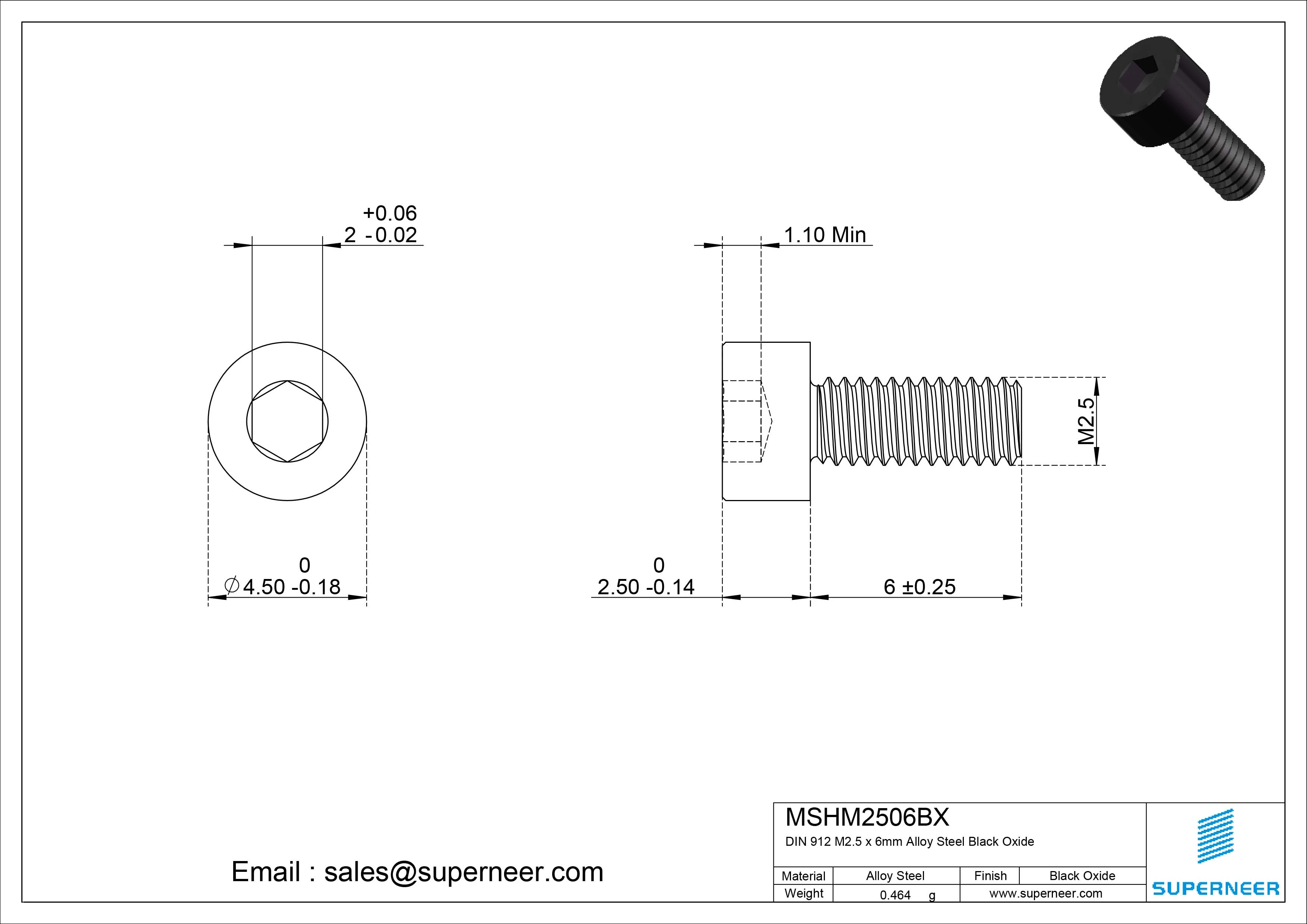 M2.5 x 6mm Socket Head Hex Drive Alloy Steel Black Oxide