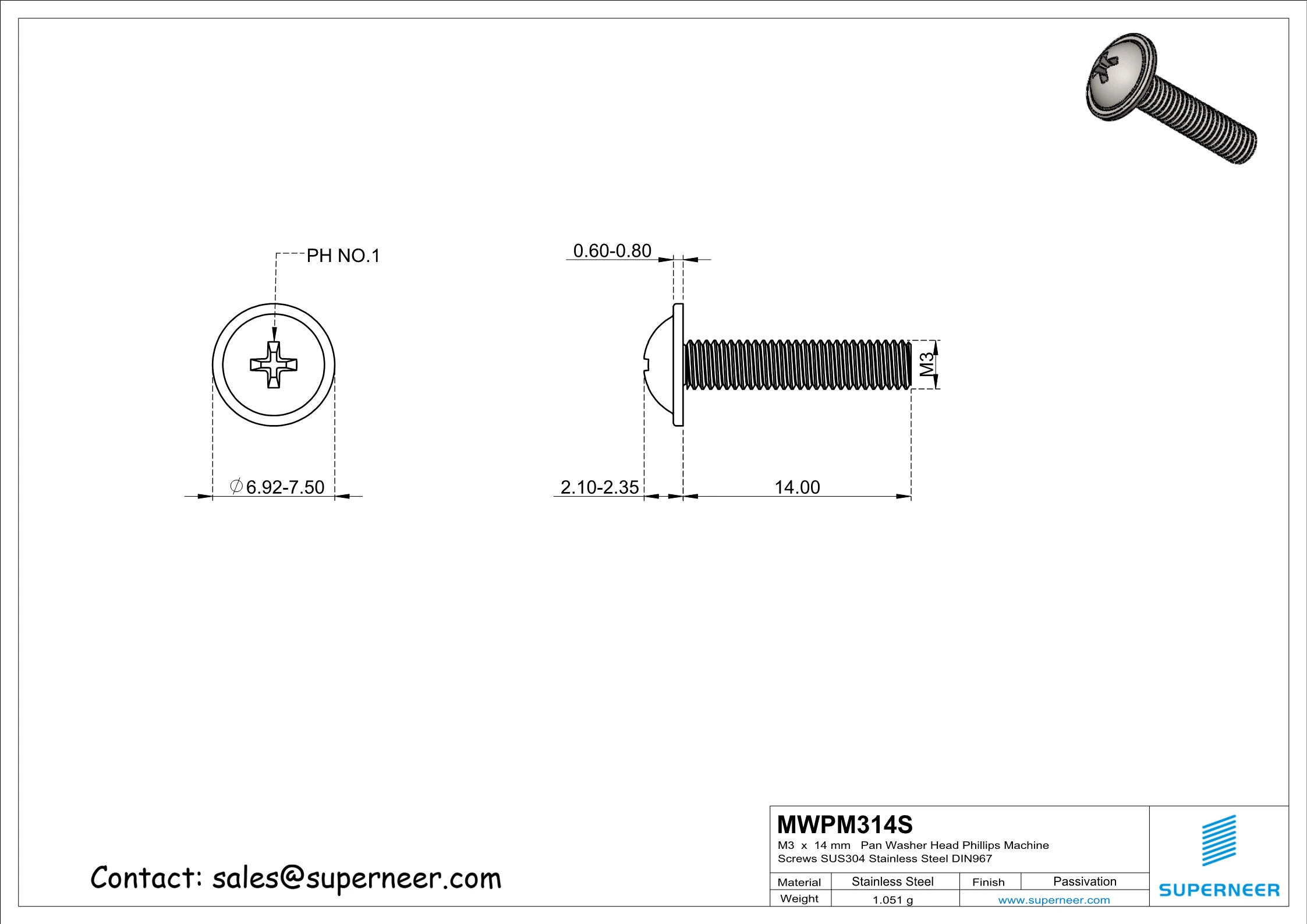 M3 x 14 mm  Pan Washer Head Phillips Machine Screws SUS304 Stainless Steel Inox DIN967