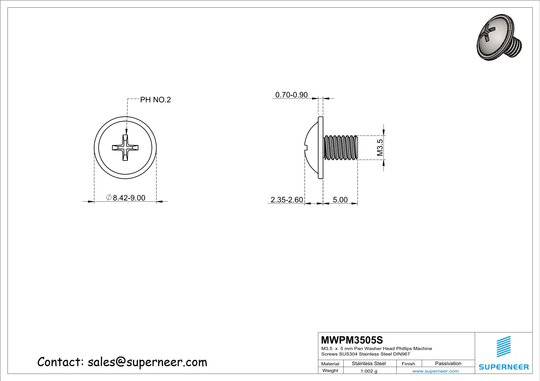 M3.5 x 5 mm  Pan Washer Head Phillips Machine Screws SUS304 Stainless Steel Inox DIN967