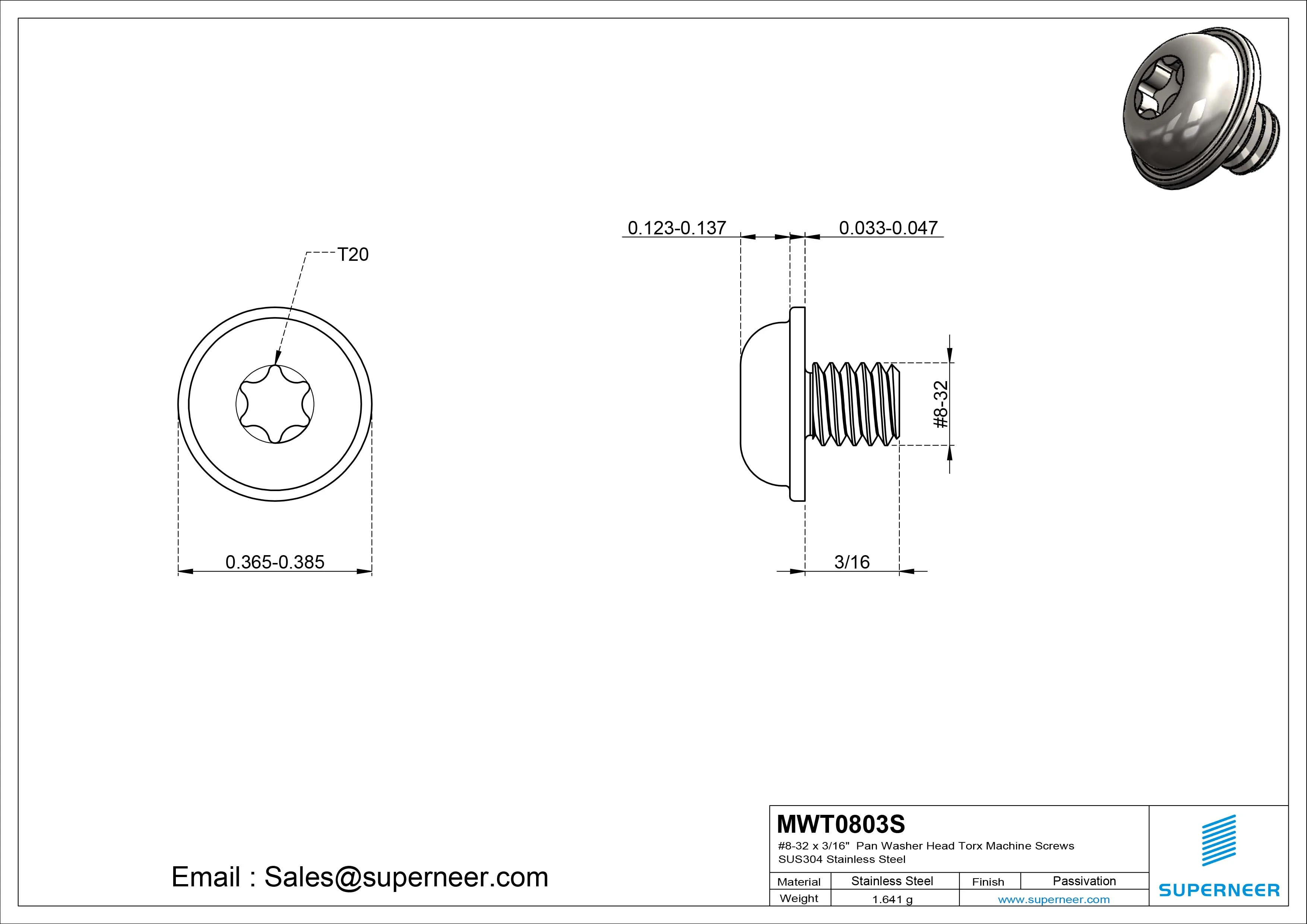 8-32 x 3/16" Pan Washer Head Torx Machine Screws SUS304 Stainless Steel Inox