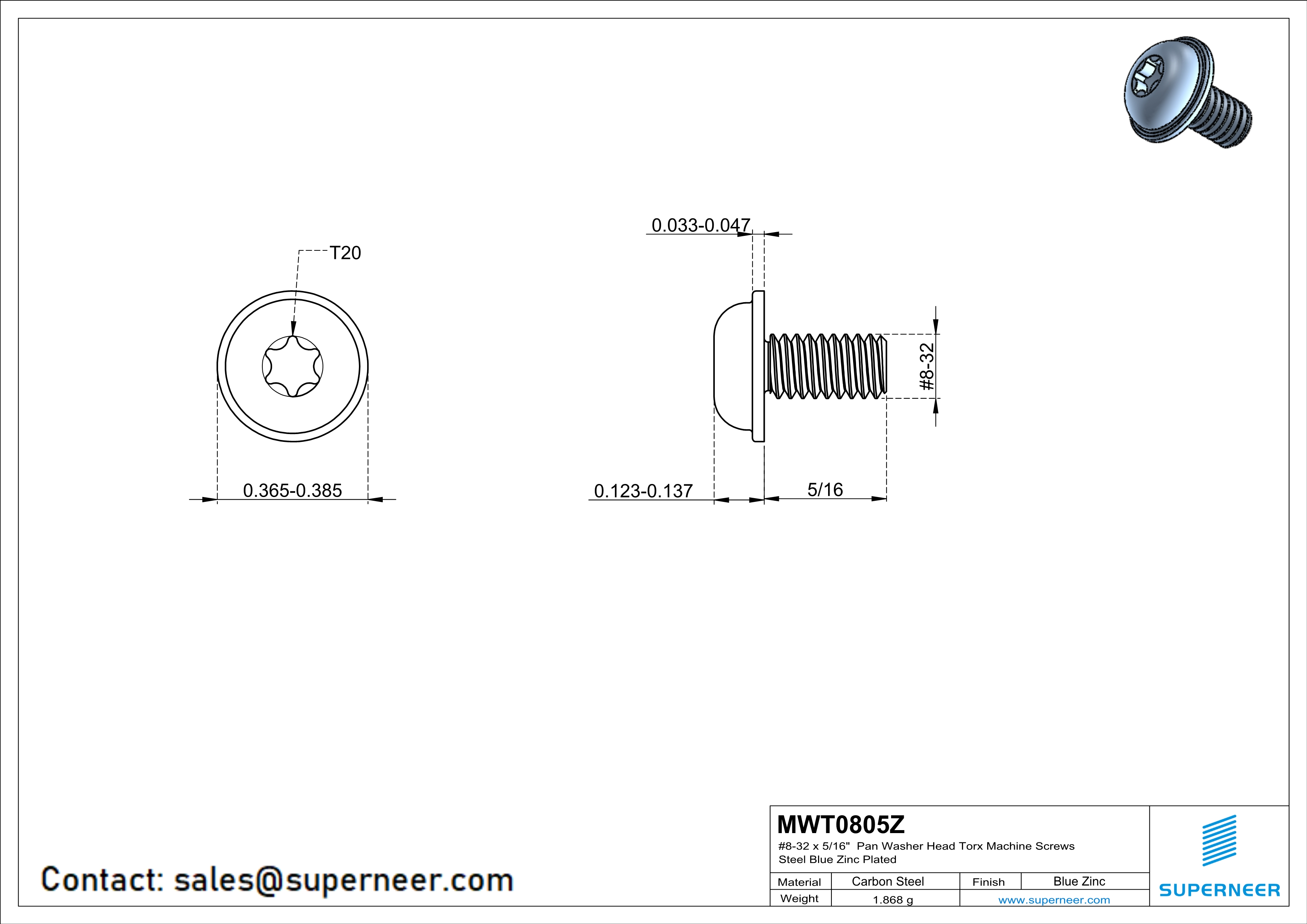 8-32 x 5/16" Pan Washer Head Torx Machine Screws Steel Blue Zinc Plated