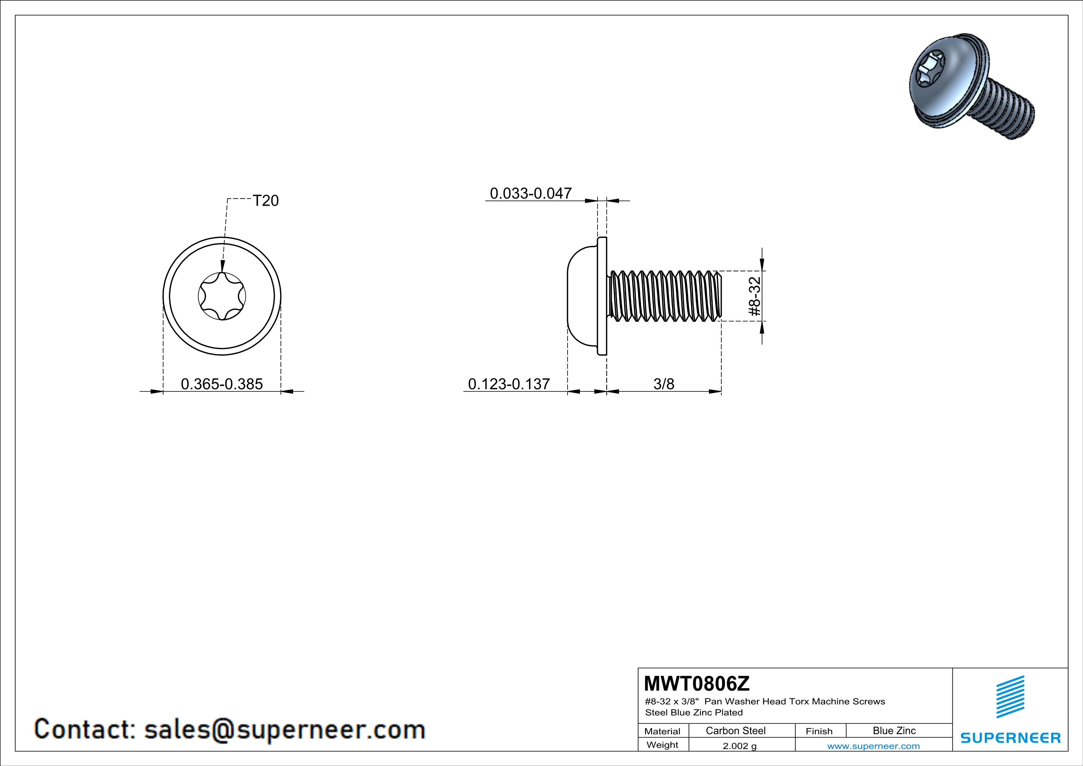 8-32 x 3/8" Pan Washer Head Torx Machine Screws Steel Blue Zinc Plated
