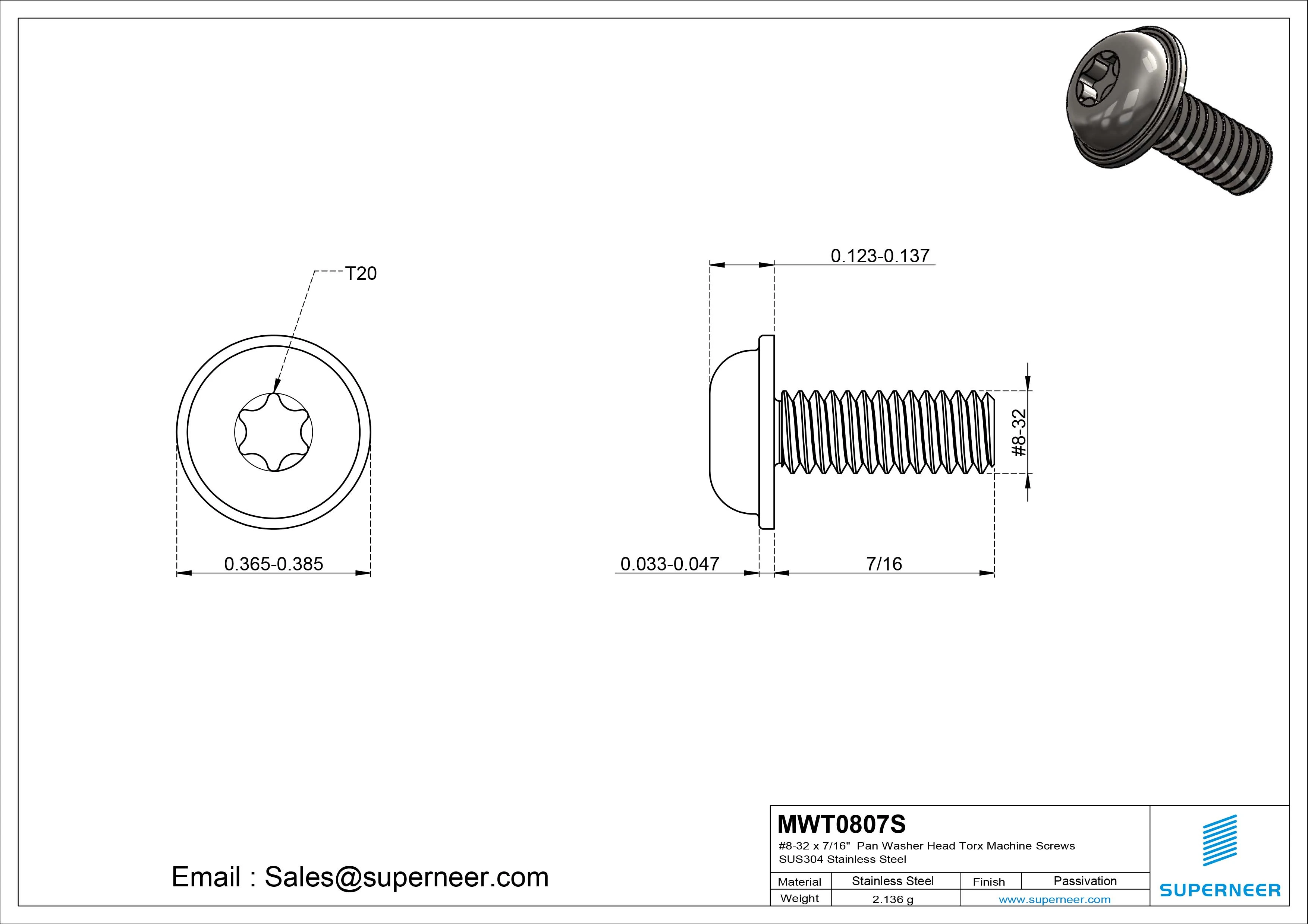 8-32 x 7/16" Pan Washer Head Torx Machine Screws SUS304 Stainless Steel Inox