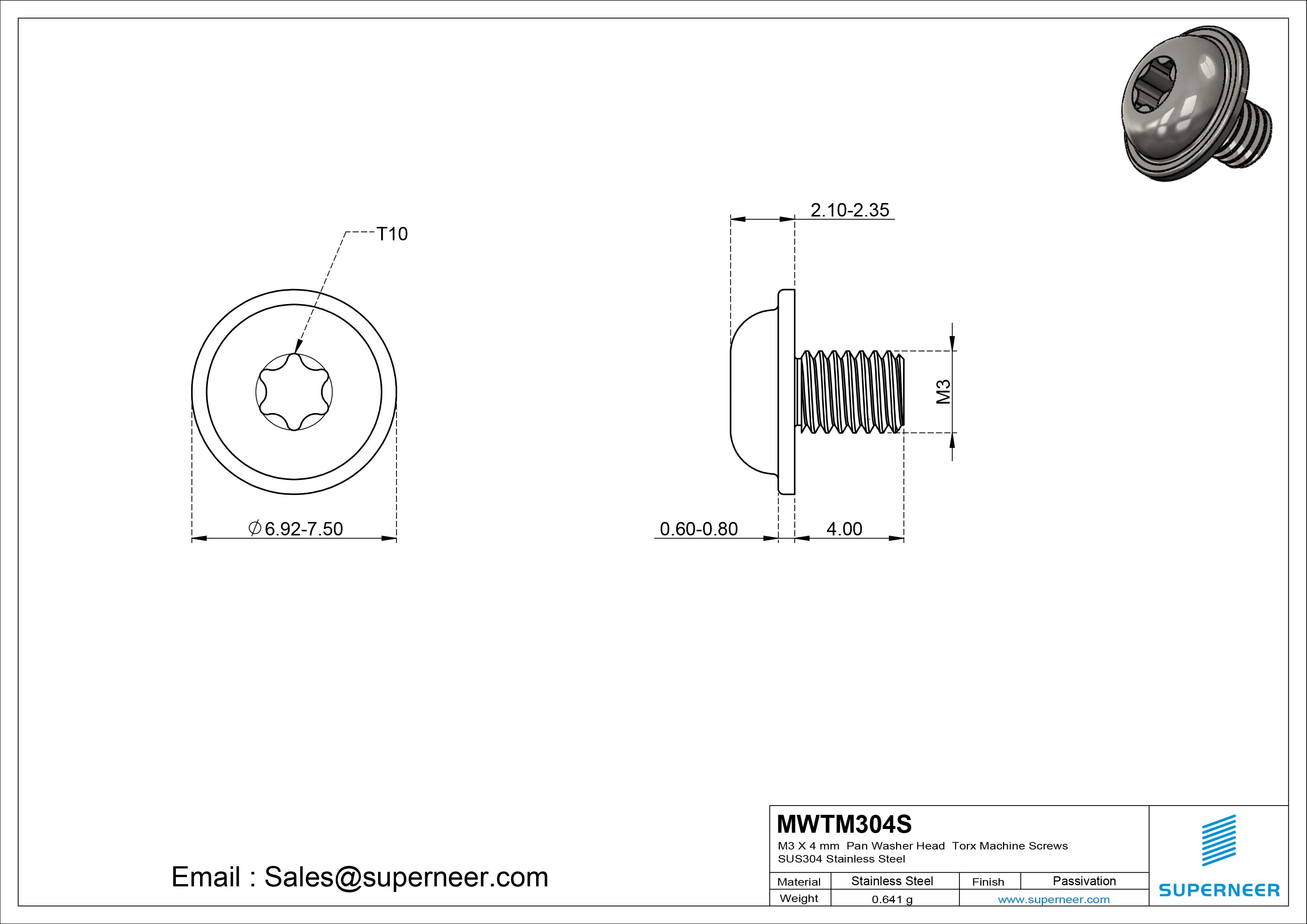 M3 x 4 mm Pan Washer Head Torx Machine Screws SUS304 Stainless Steel Inox 
