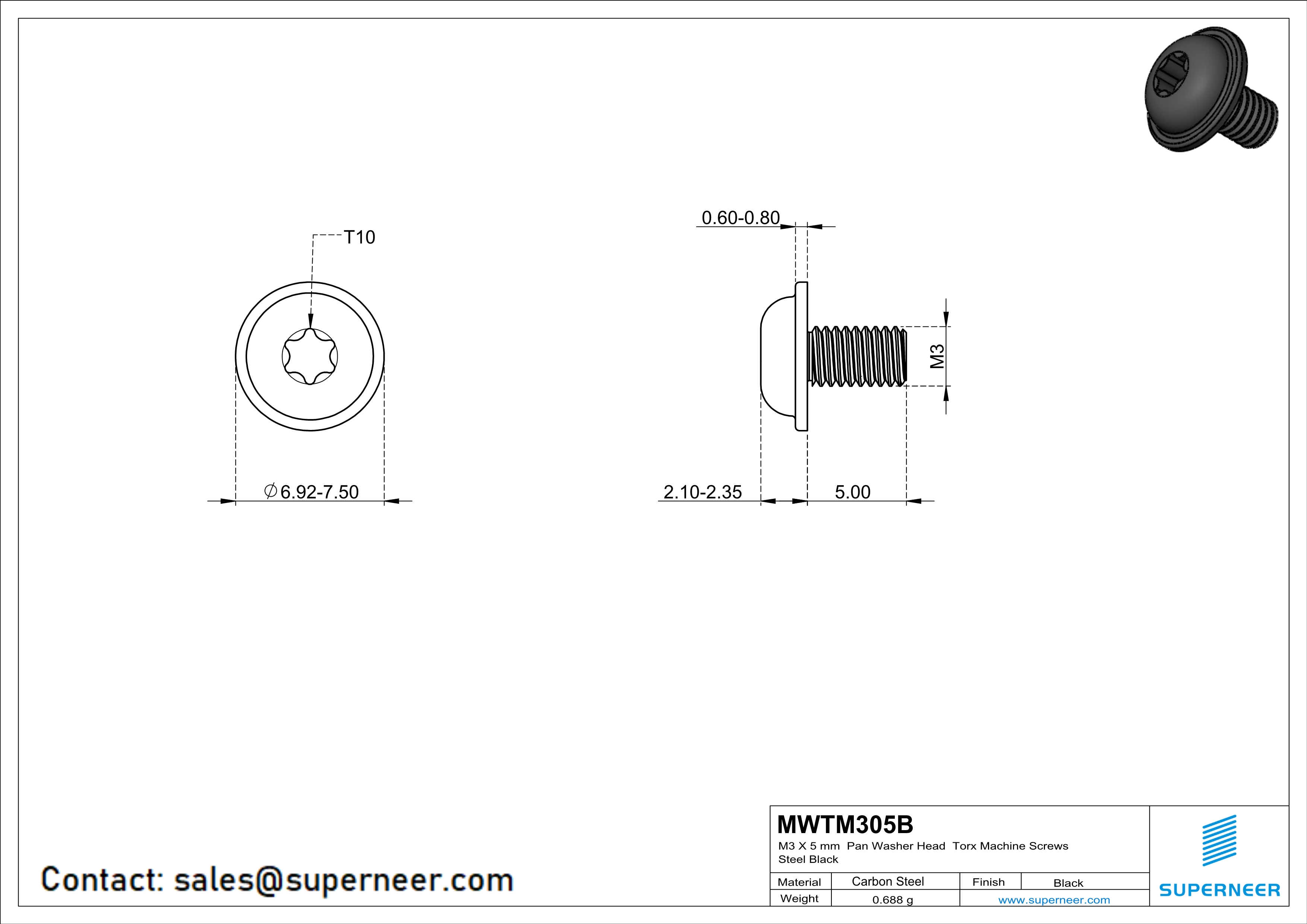 M3 x 5 mm Pan Washer Head Torx Machine Screws Steel Black 