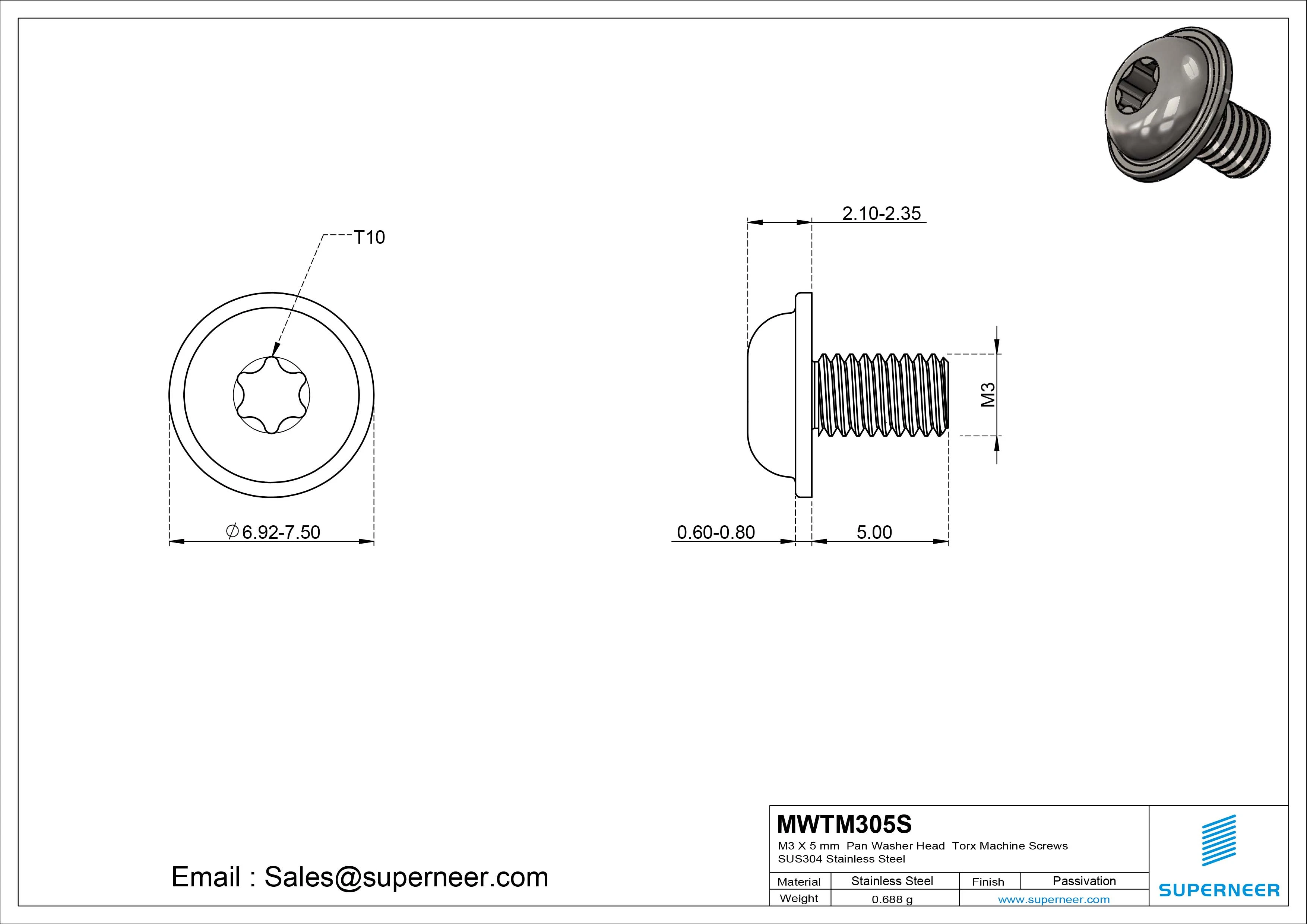 M3 x 5 mm Pan Washer Head Torx Machine Screws SUS304 Stainless Steel Inox 