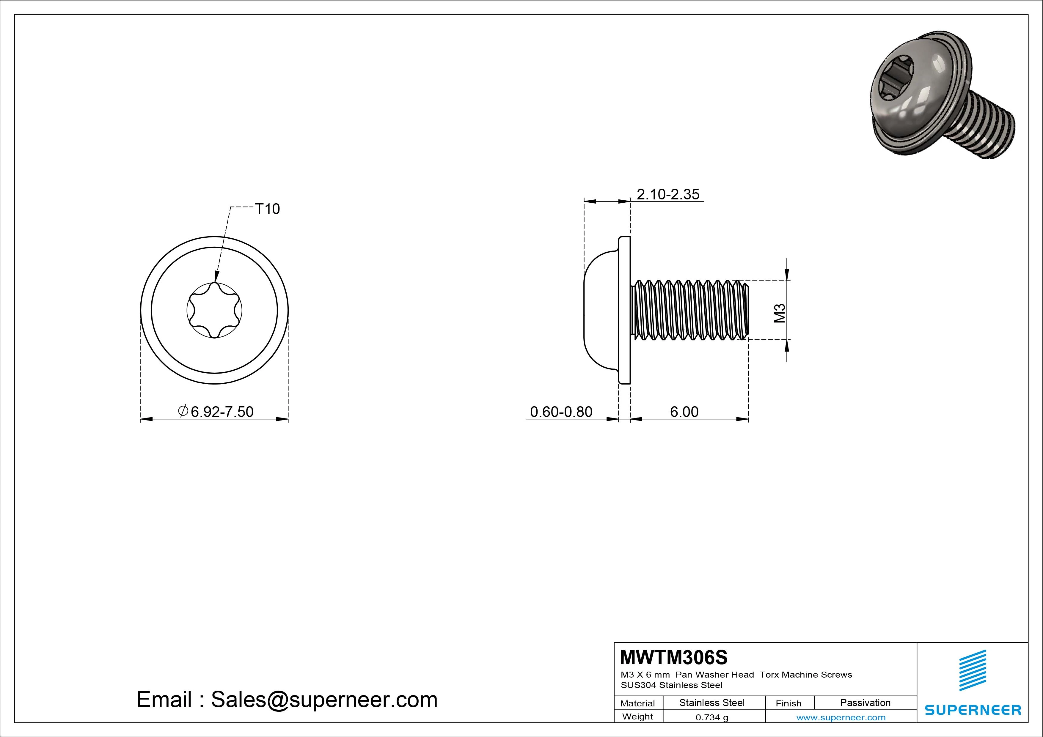 M3 x 6 mm Pan Washer Head Torx Machine Screws SUS304 Stainless Steel Inox 