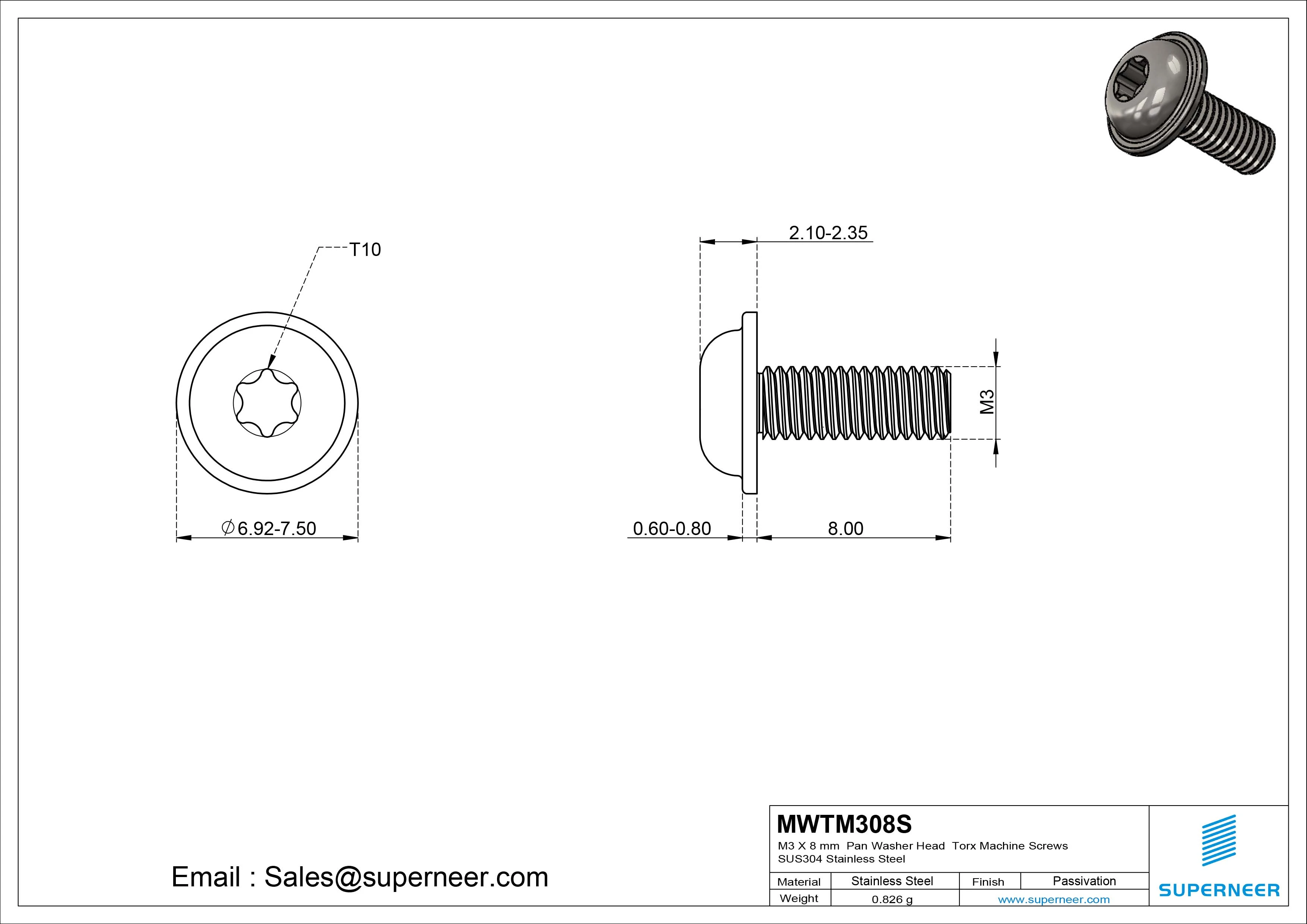 M3 x 8 mm Pan Washer Head Torx Machine Screws SUS304 Stainless Steel Inox 
