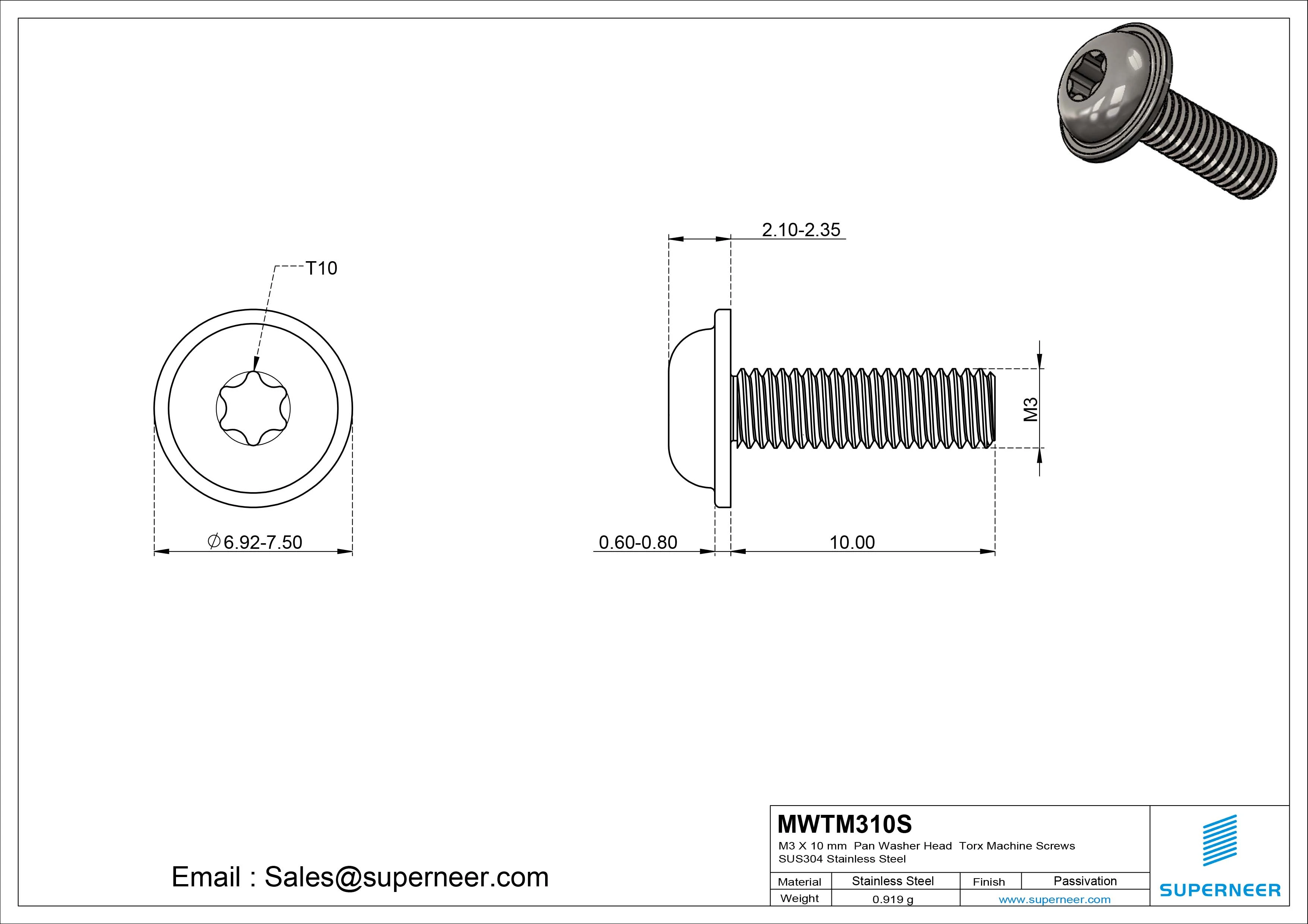 M3 x 10 mm Pan Washer Head Torx Machine Screws SUS304 Stainless Steel Inox 