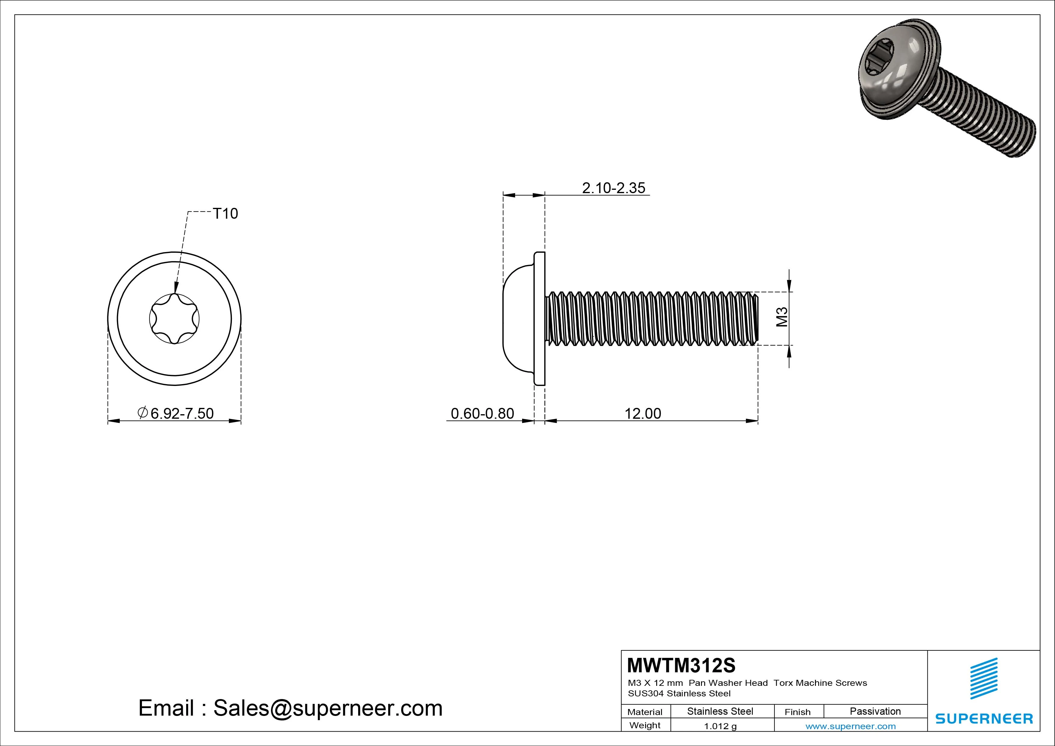 M3 x 12 mm Pan Washer Head Torx Machine Screws SUS304 Stainless Steel Inox 