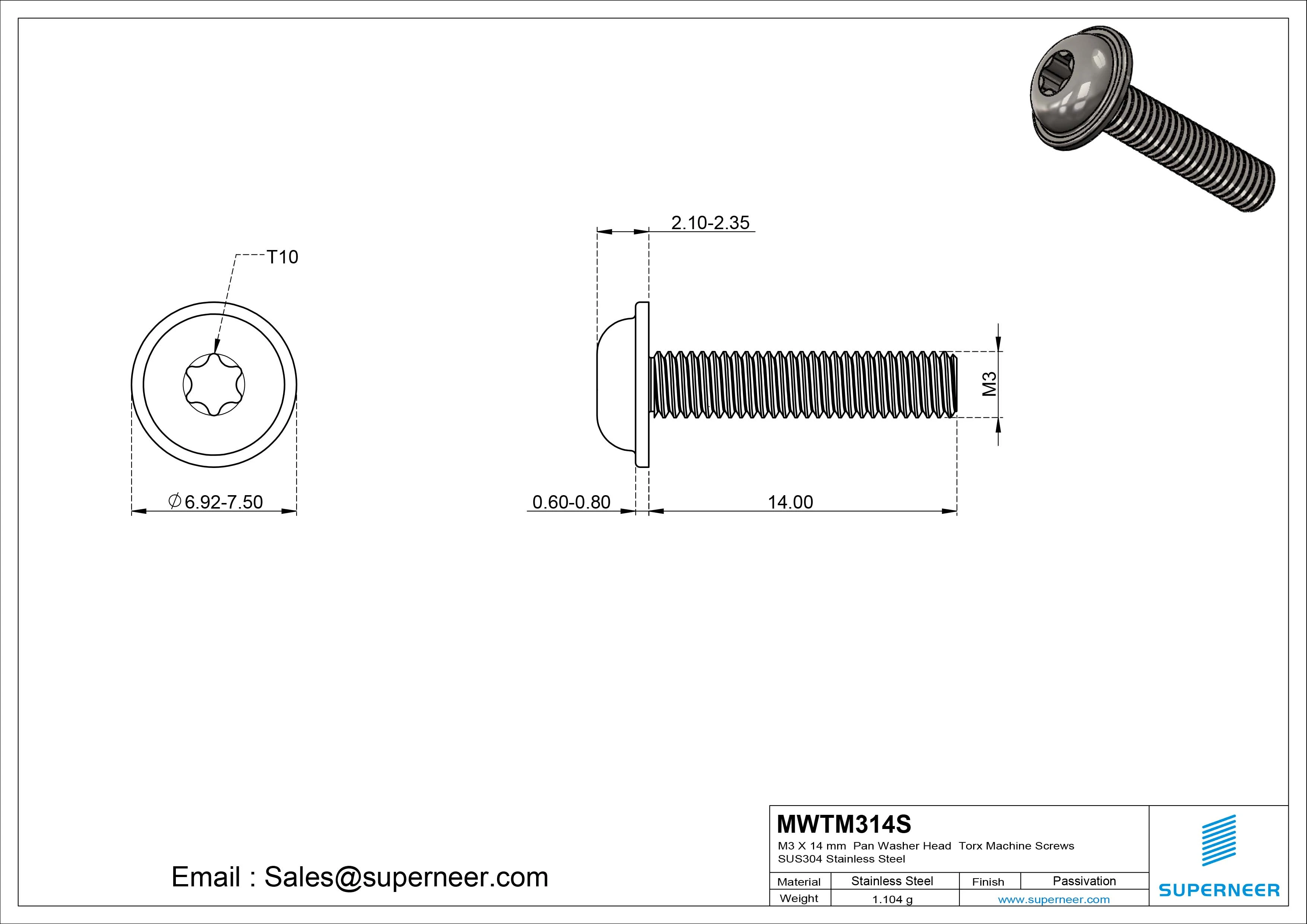 M3 x 14 mm Pan Washer Head Torx Machine Screws SUS304 Stainless Steel Inox 