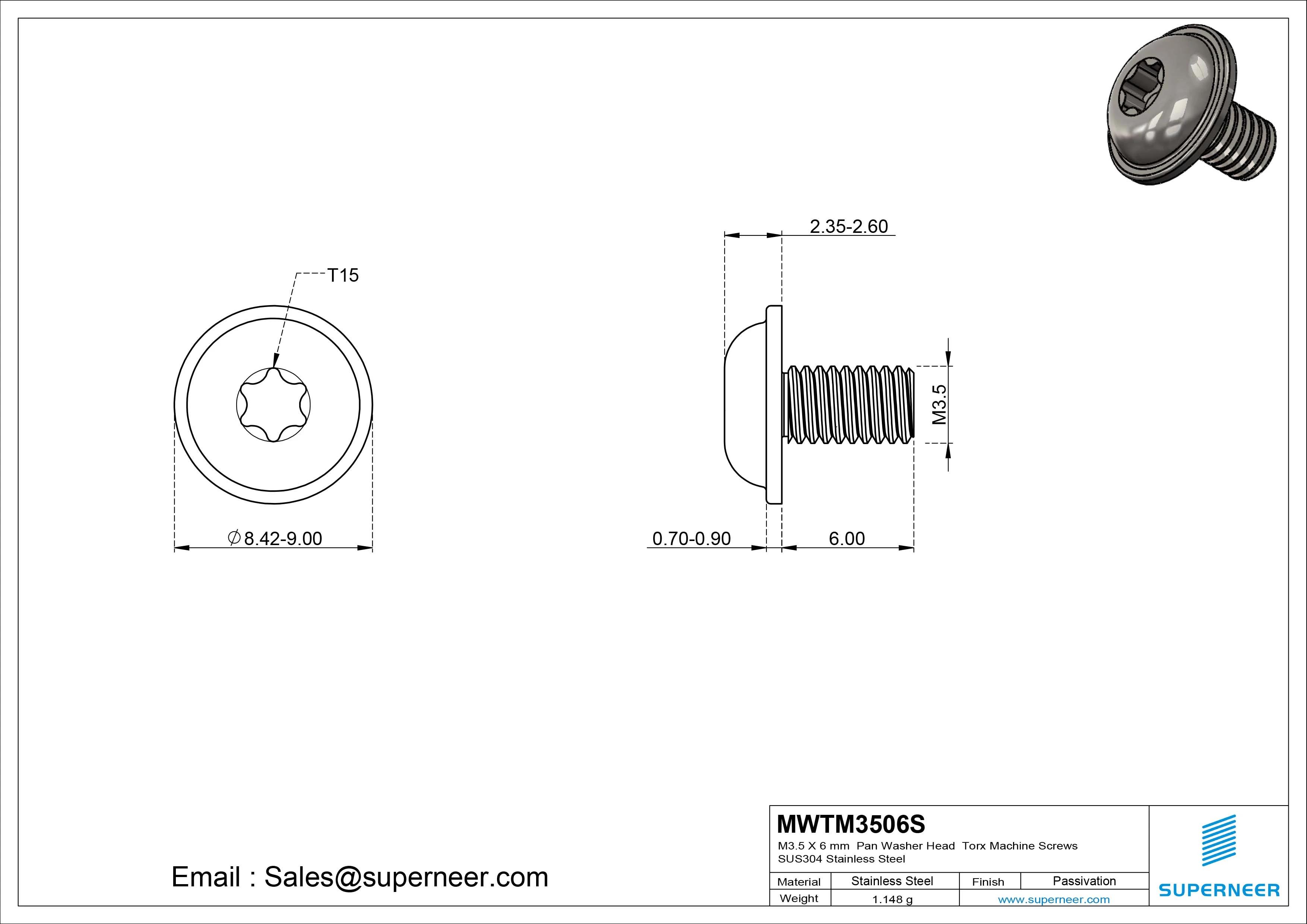 M3.5 x 6 mm Pan Washer Head Torx Machine Screws SUS304 Stainless Steel Inox 