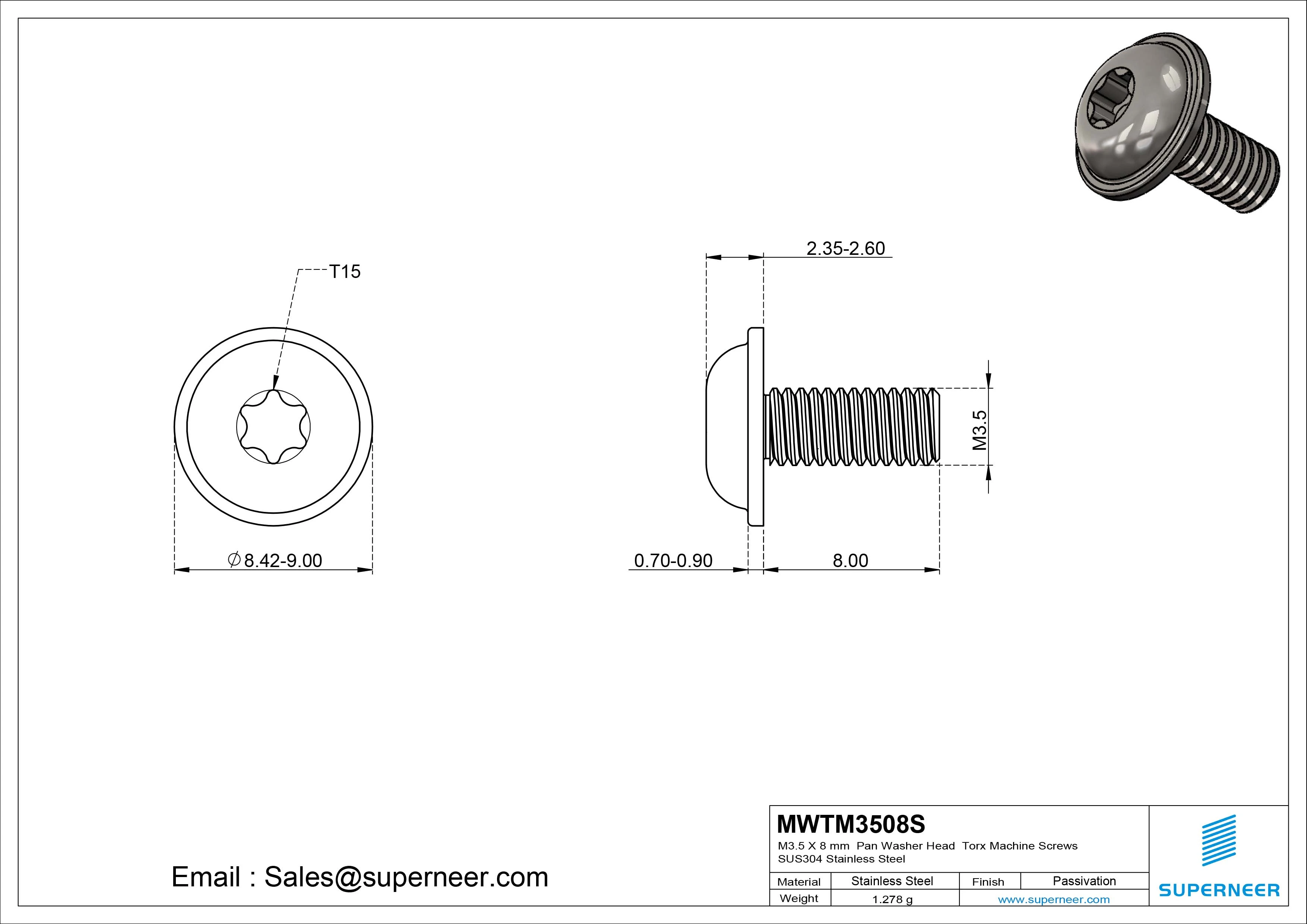 M3.5 x 8 mm Pan Washer Head Torx Machine Screws SUS304 Stainless Steel Inox 
